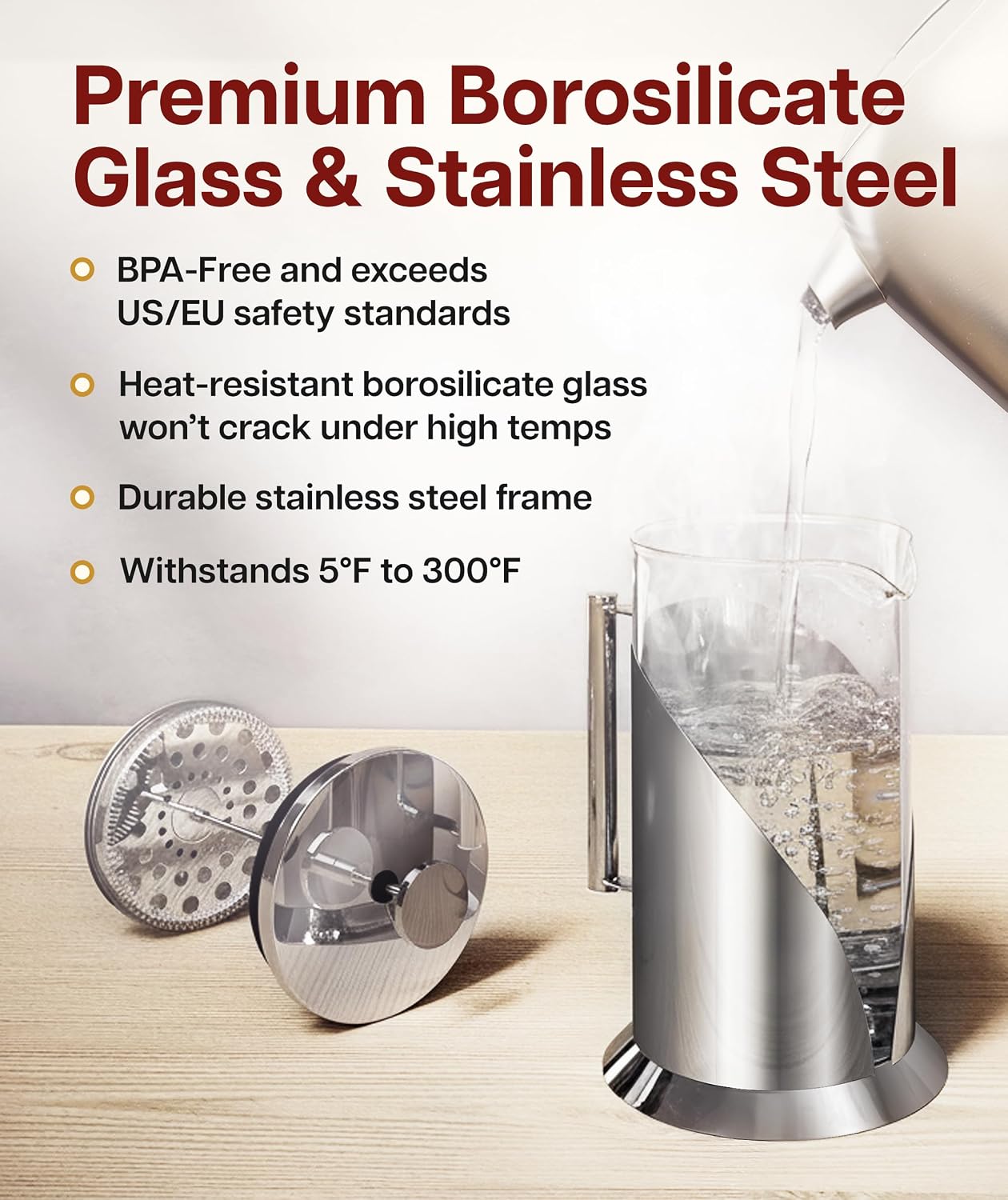 Cafe Du Chateau French Press Coffee Maker, 34 oz Glass, Stainless Steel | Easy Brew, Durable Clear Glass, 4-level Filtration, 34 oz Capacity, Coffee Press for Camping, Tea Brewer, BPA-Free Materials