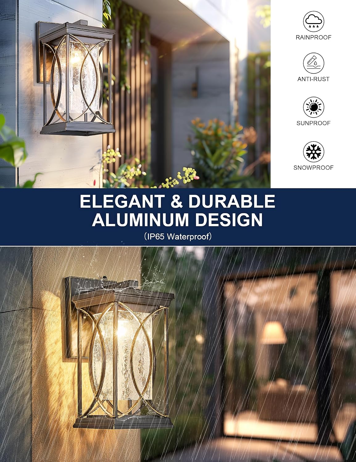 Dusk to Dawn Modern Outdoor Coach Lantern Exterior Light Fixtures Black Aluminum with Crack-Like Glass Waterproof Wall Sconce Mission Outside Light