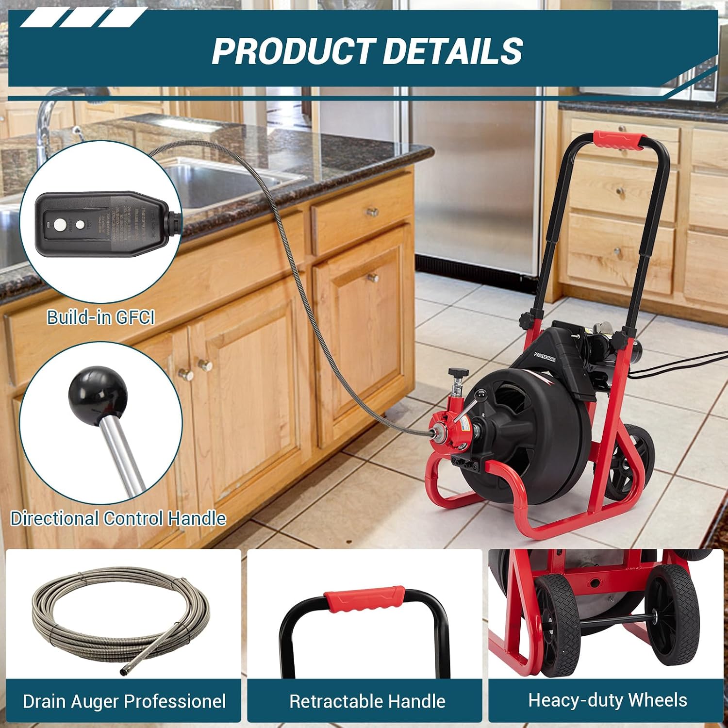 100Ft x 3/8 Inch Drain Cleaner Machine, 370w Electric Drain Auger Machine with Auto-Feed & 6 Cutters, Sewer Snake Auger with Wheels
