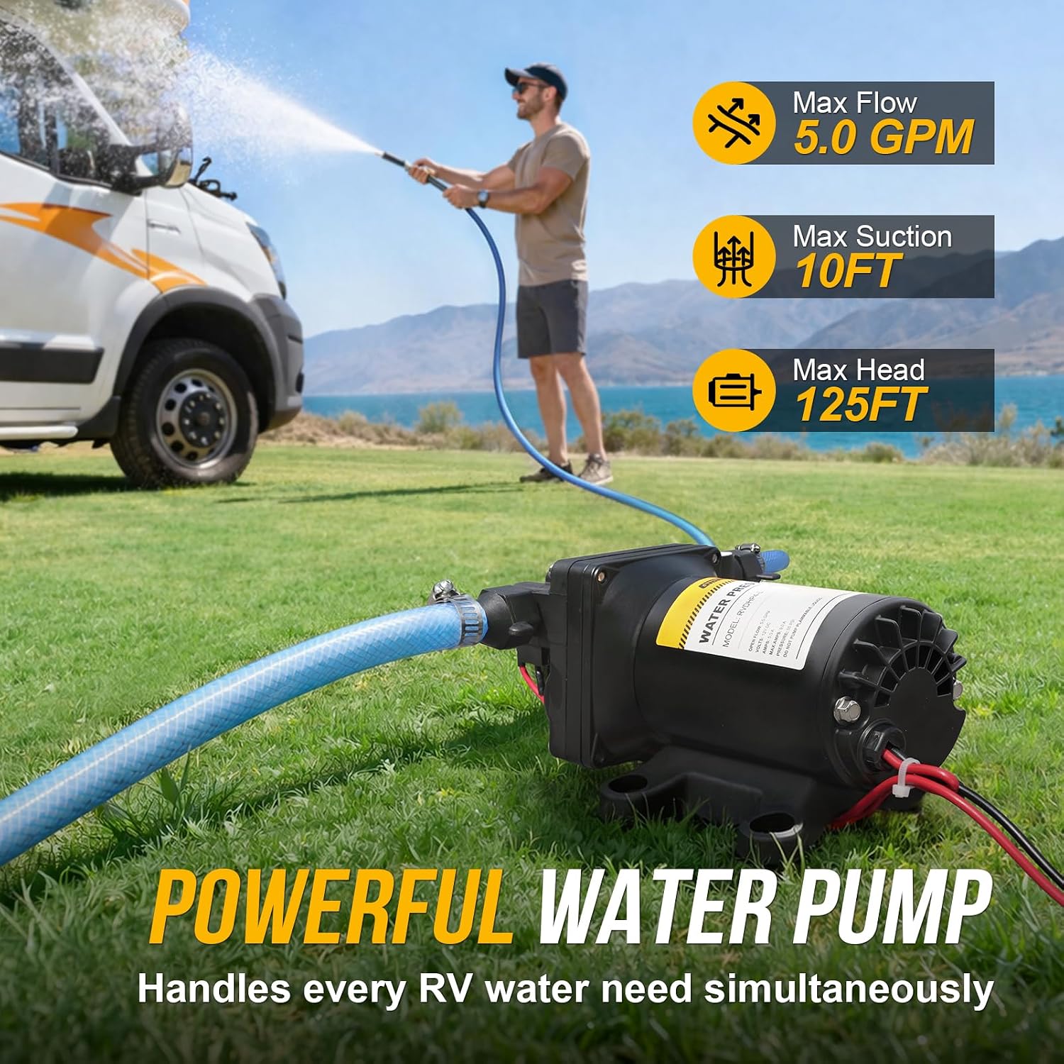 12V RV Water Pump, 5.0 GPM 55 PSI Diaphragm Pump, 20Volt Quiet Fresh Water Pump with Pressure Switch, Self Priming Pressure Pumps for RV Camper Boat Marine Food Truck, Dark Grey