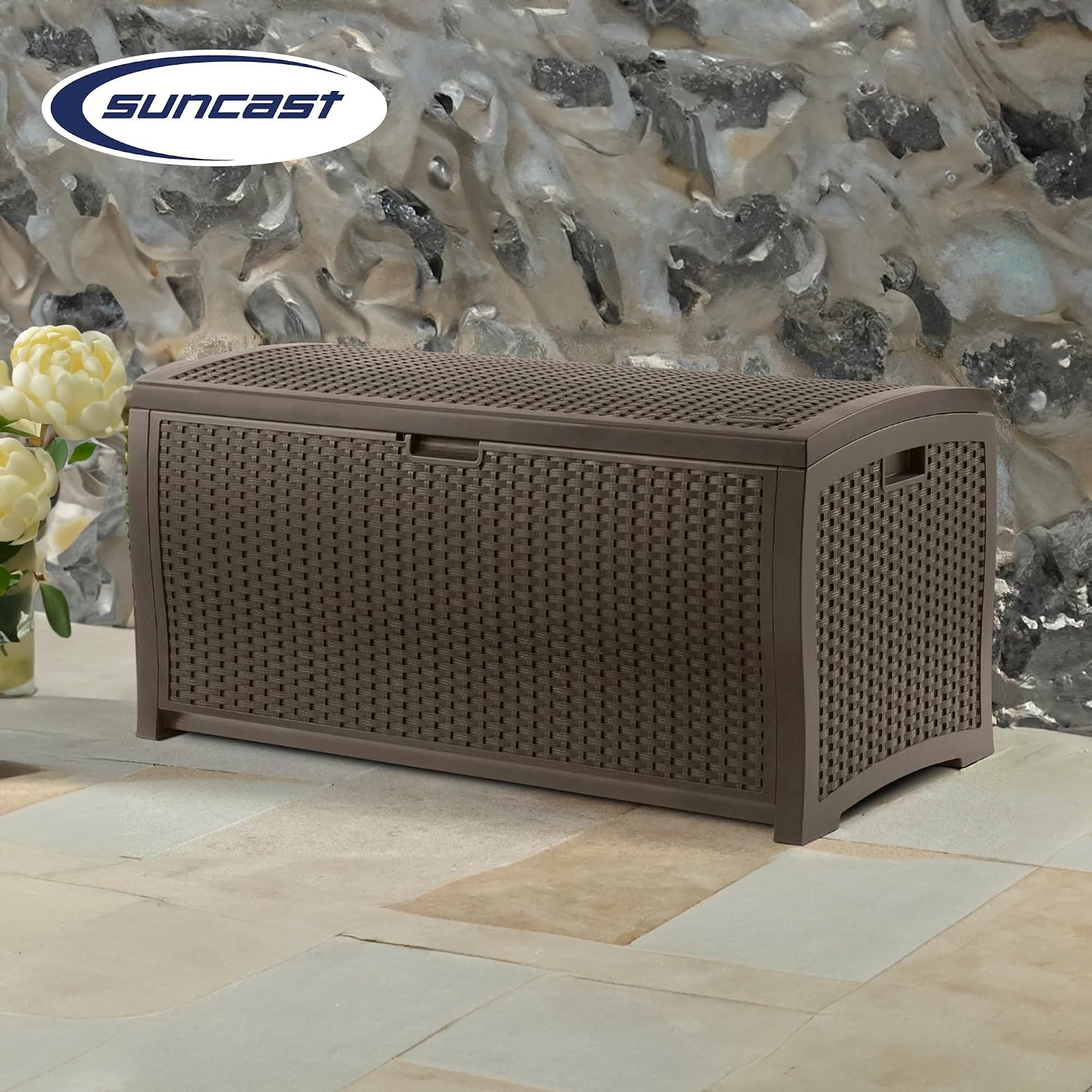 Suncast 99 Gal Wicker Resin Deck Box, Storage Chest Bin with Handles, Java