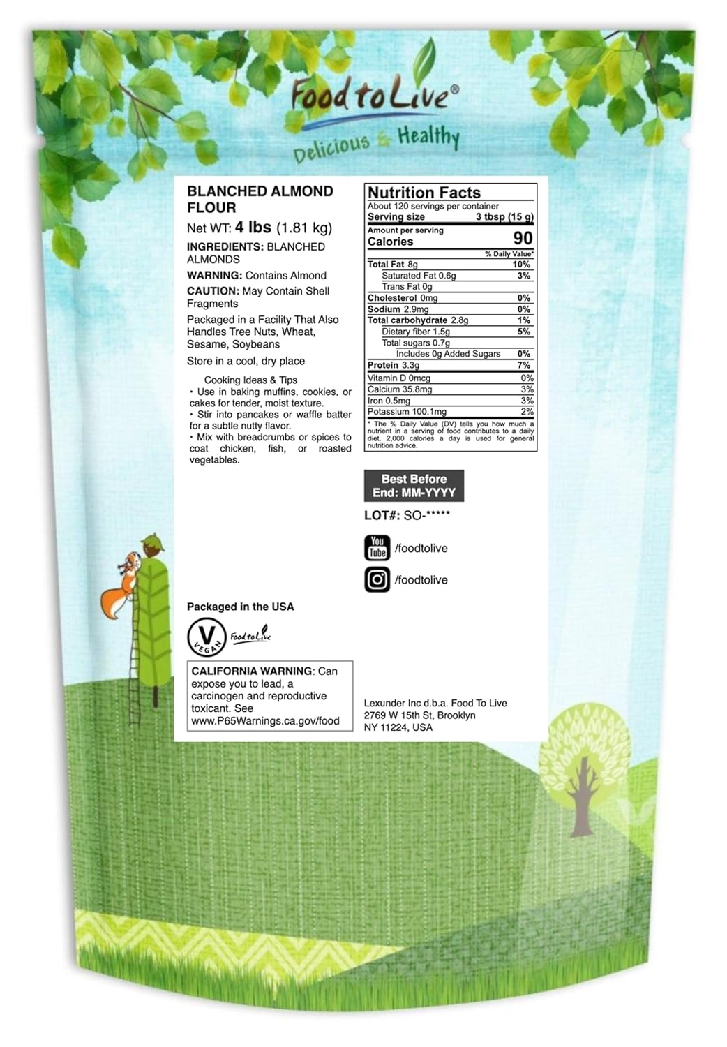 Food to Live - Blanched Almond Flour, 12 Pounds Non-GMO Verified, Finely Milled, Raw, Vegan, Keto, Paleo, Bulk, Low Sodium, Low Carb. Good Source of Fiber, Protein, Vitamin E, Copper.