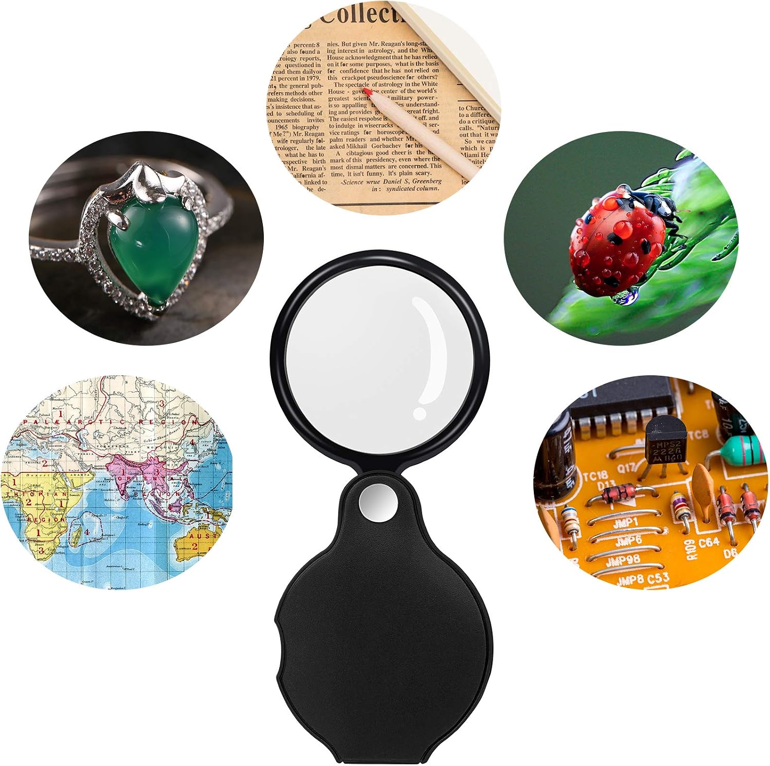 5PCS 10X Pocket Magnifying Glass Small Magnifying Glass with Black Rotating Protective for Reading, Books, Jewelry