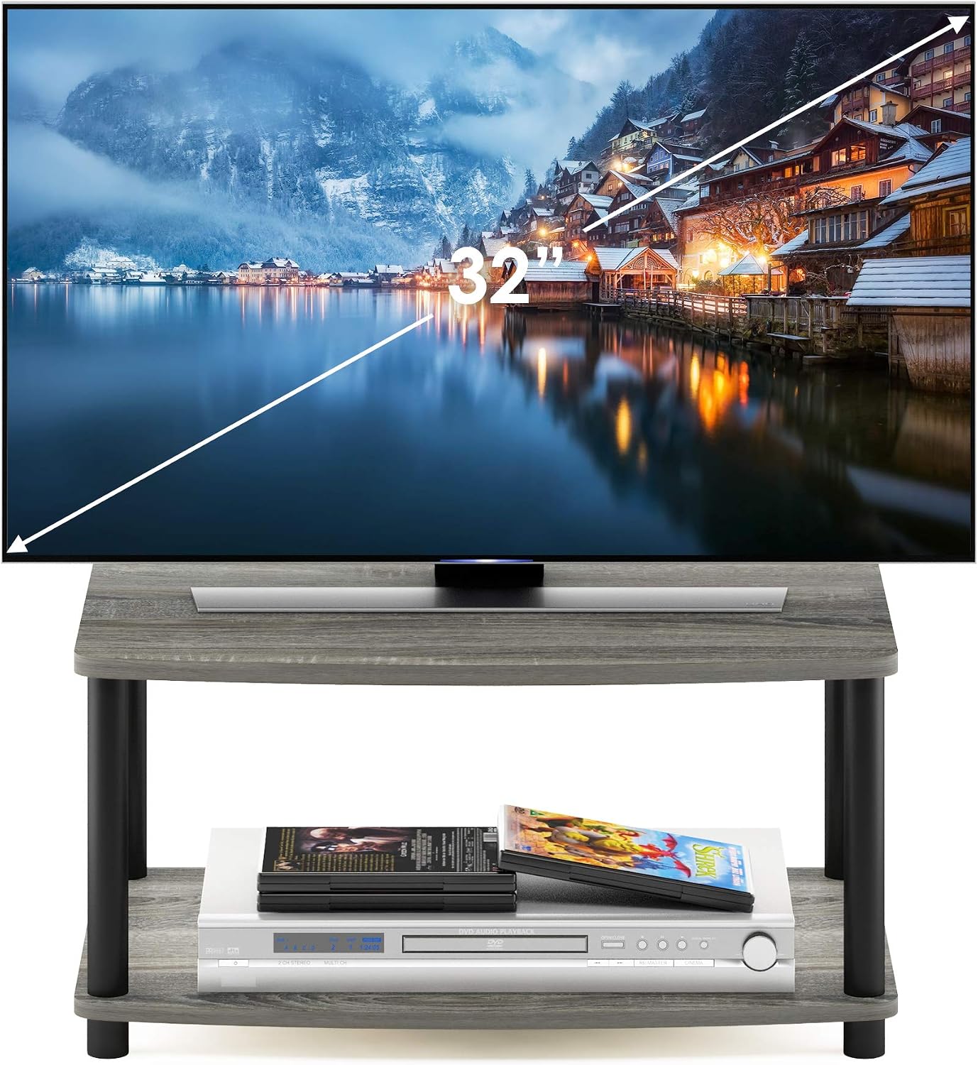 Furinno Turn-N-Tube TV Riser Stand, 2-Tier Small Elevated No Tools TV Stand, TV Console for TV up to 32 inch, 15.8 x 23.8 x 11, for Living Room, Bedroom, French Oak/Black