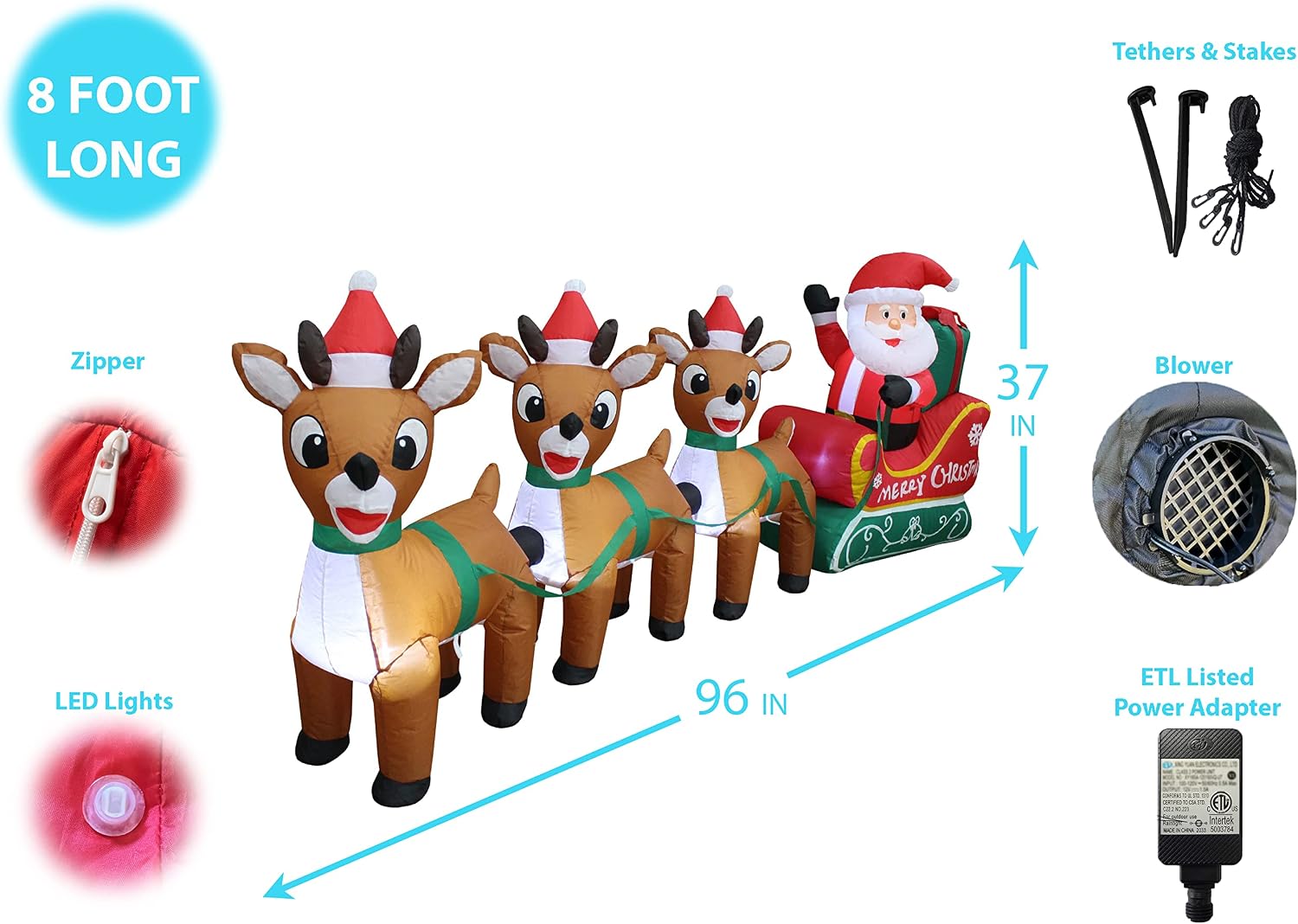 8 FT Lighted Christmas Inflatable Santa Claus on Sleigh with 3 Reindeer | Outdoor Indoor Holiday Decoration, Built-in LED Lights
