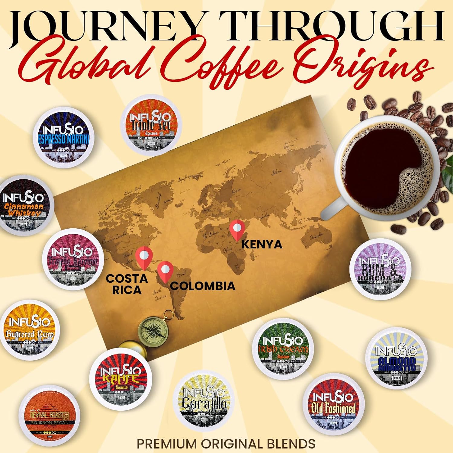 InfuSio Coffee Pods Variety Pack – 96 Count, 12 Blends of Crafted Origins and Indulgent Flavors Including Bourbon Pecan, Butter Toffee & Hazelnut, Medium & Dark Roast, No Sweeteners, Low Acid, Keurig Compatible