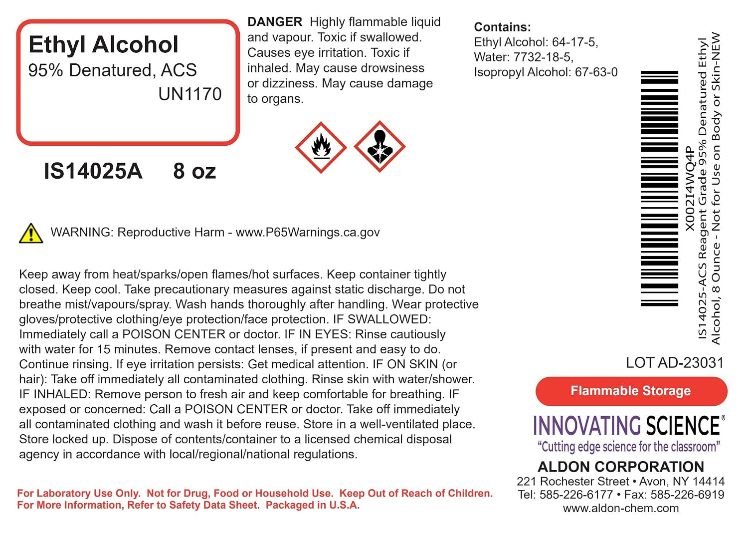Aldon ACS Reagent Grade 95% Denatured Ethyl Alcohol, 8 Ounce - Not for Use on Body or Skin