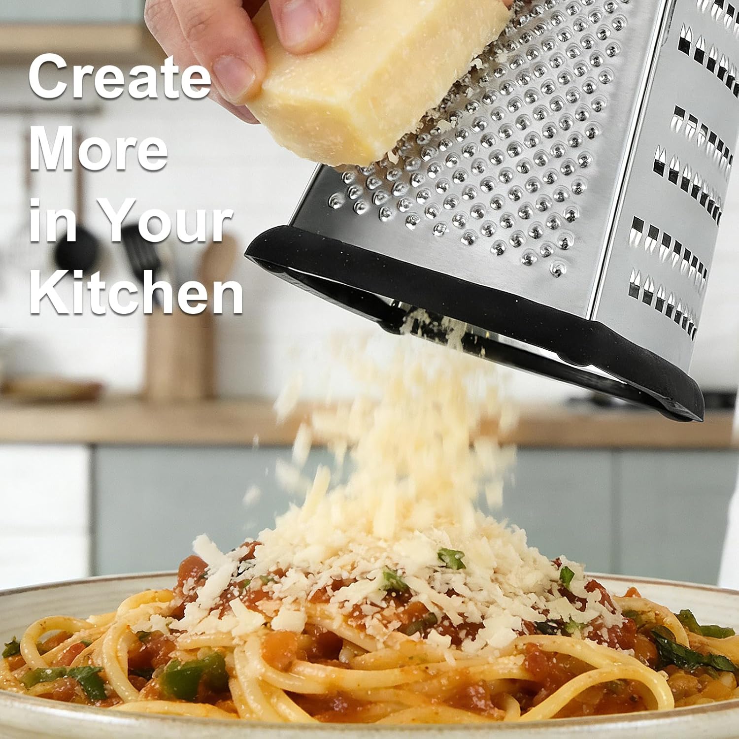 Ourokhome Cheese Grater with Handle, Stainless Steel Box Grater, 4 Side Kitchen Vegetable Shredder Slicer Zester with Container for Parmesan, Cabbage