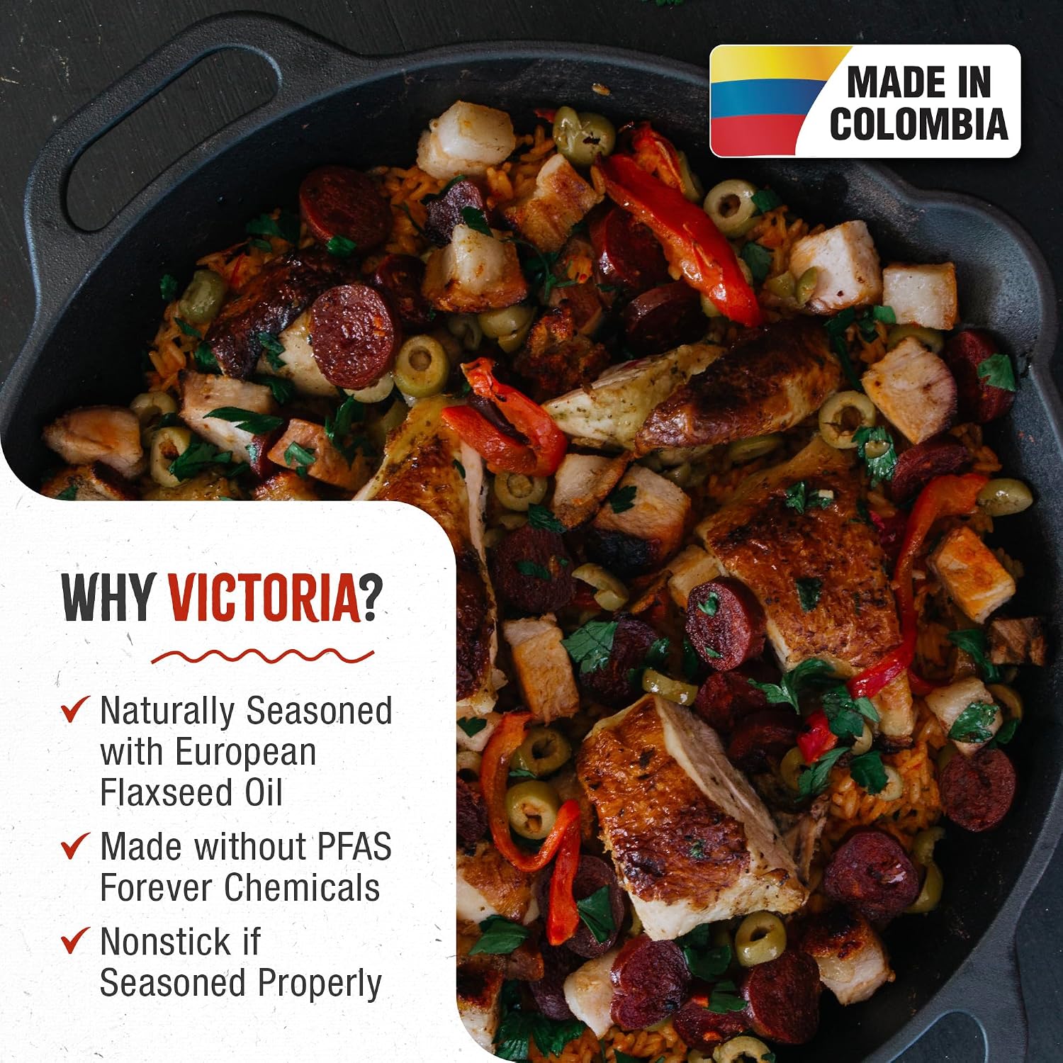 Victoria 13-Inch Cast Iron Skillet, Pre-Seasoned Cast Iron Frying Pan with Long Handle, Made in Colombia