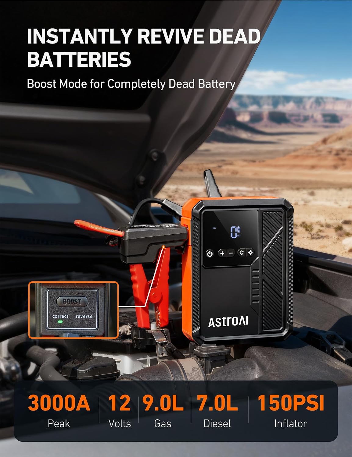 AstroAI S8 Air Jump Starter with Air Compressor, 3000A Peak Car Battery Jump Starter Portable (9.0 Gas/6.5L Diesel) with 150PSI Cordless Auto-Shutoff Tire Inflator, 12V Battery Charger Booster(Orange)