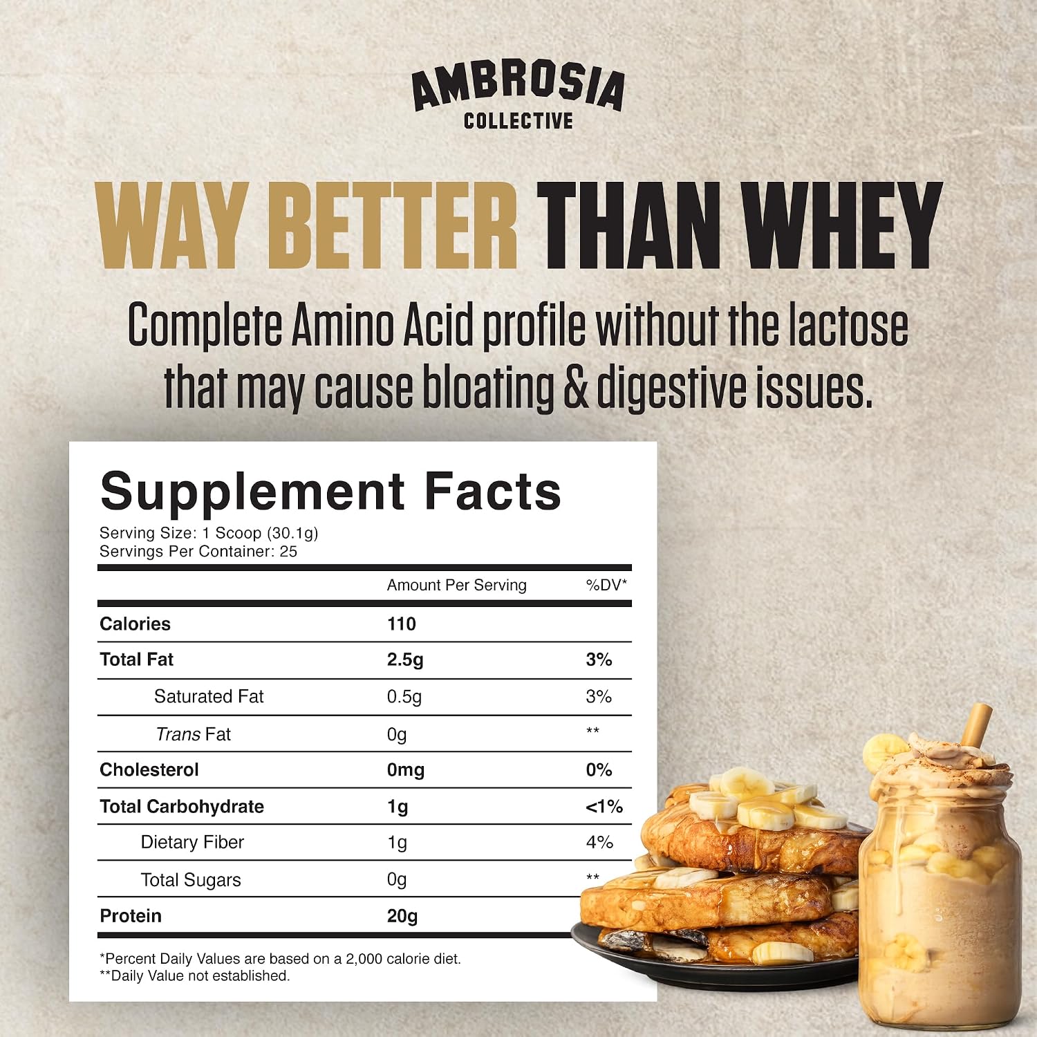 Ambrosia Plant Based Protein Powder 20g | Clean Vegan Pea Protein Powder | Gluten & Dairy Free, Keto Friendly, No Added Sugar | 25 Servings | Banana Maple