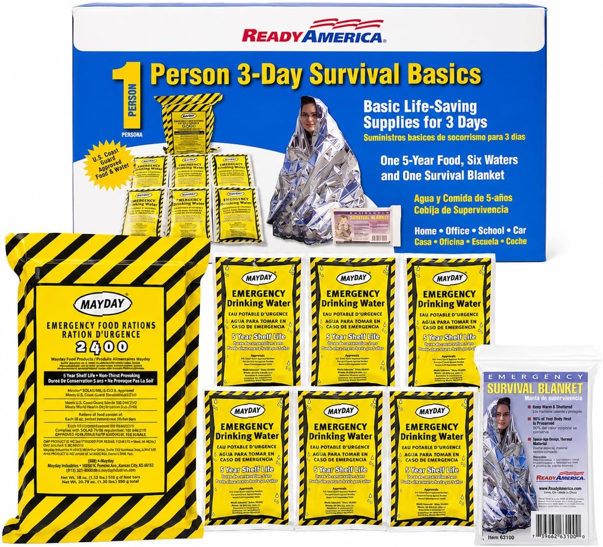 Ready America 3000, 1-Person 3-Day Survival Box, Food Water Blanket | 2400 Calorie Food Bar, Water Pouches, Emergency Blanket, Heat-Retaining Shelter