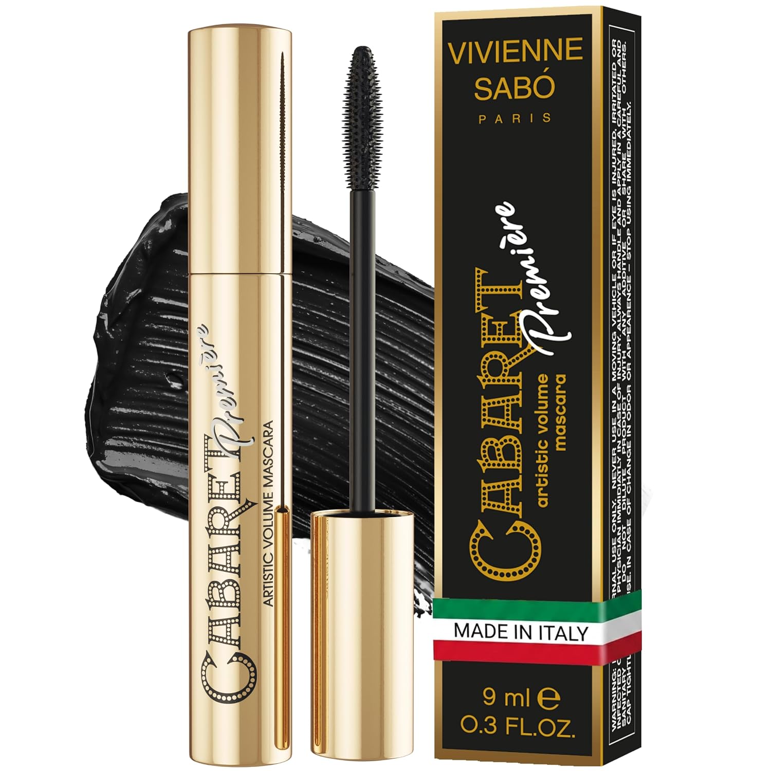 Vivienne Sabó Cabaret Premiere Black Mascara, Volume and Length, Defining, Curling, No Flaking, No Clumping, Smudge Proof, Washable, Cruelty-Free, Made in Europe, (01 Black), 0.3 Fl Oz, 1 Pack