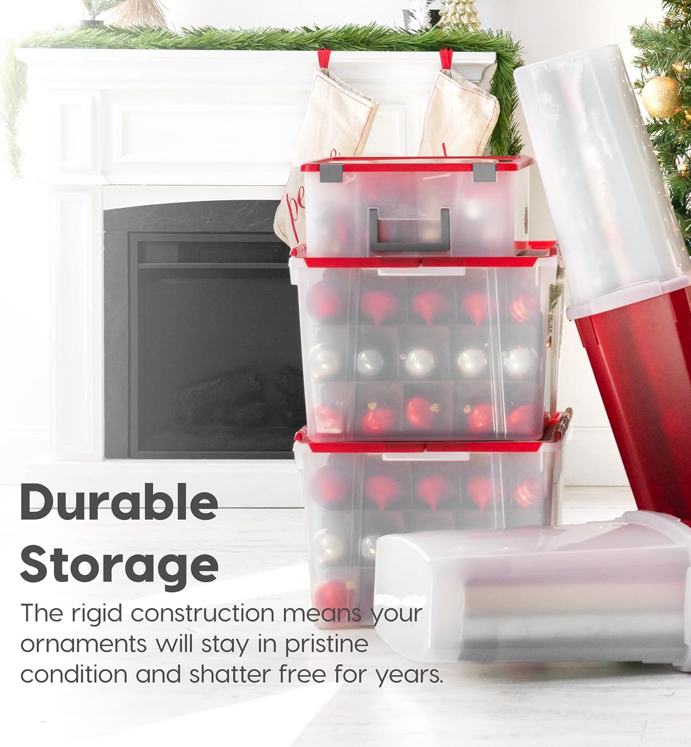 IRIS USA 2-Pack Holiday Ornament Storage Box with Attached Lid, Clear/Red