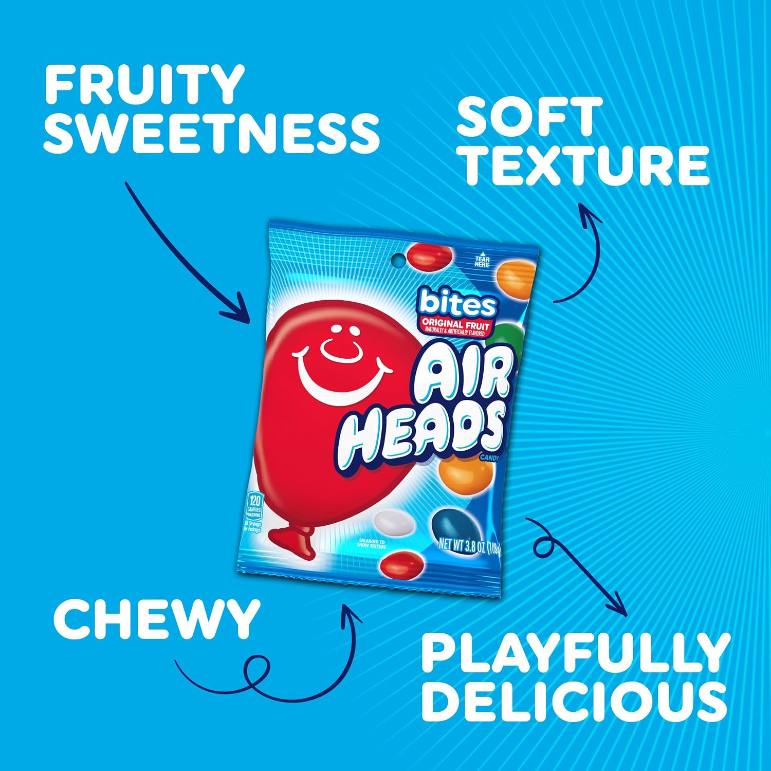 Airheads Candy Bites, Assorted Fruit Flavors, 2 Ounces (18-Pack) | Individually Wrapped Bulk Candy, Chewy Candy Bags
