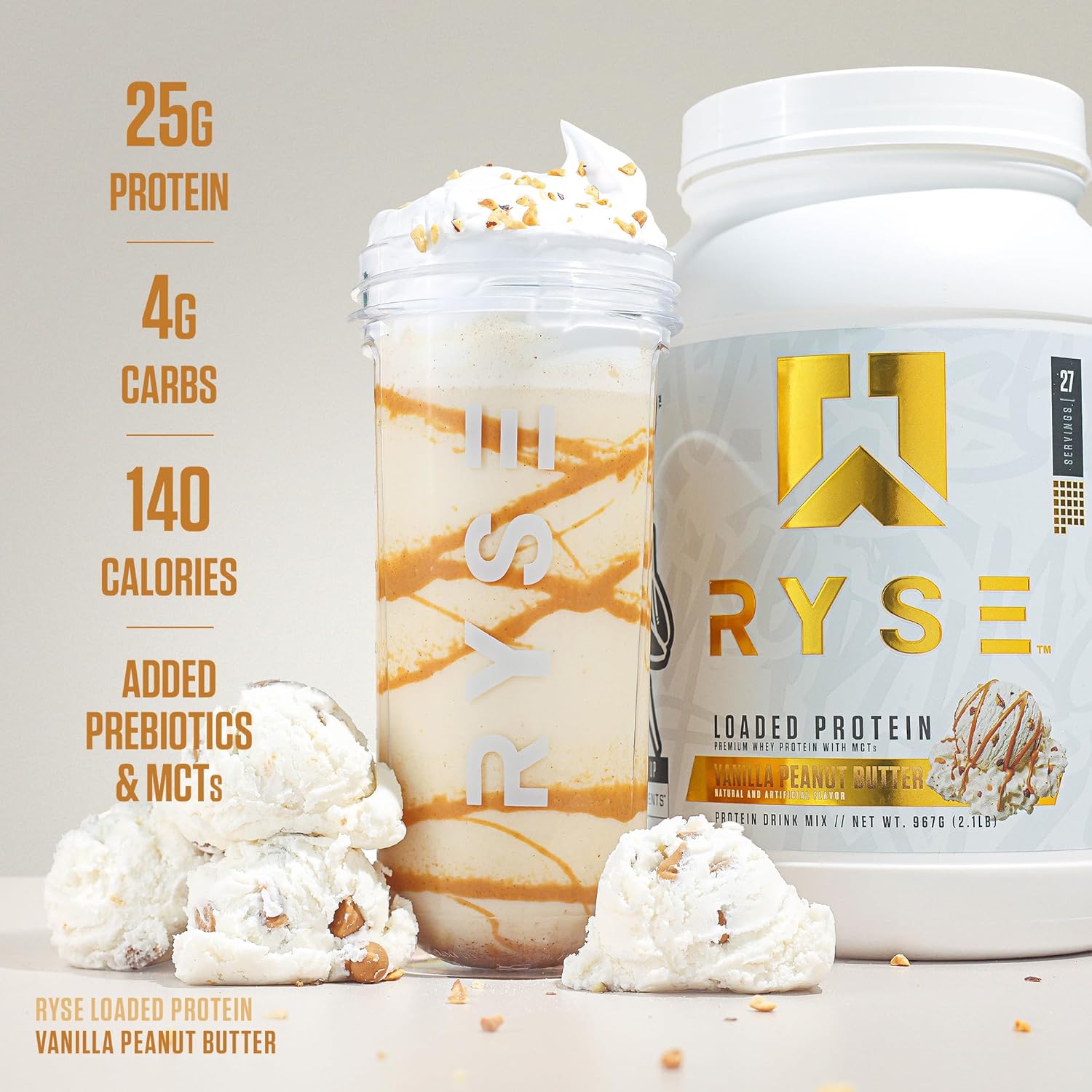 RYSE Loaded Protein Powder - Peanut Butter Cup - 25g Whey Protein Isolate & Concentrate with Prebiotic Fiber & MCTs - Low Carb, Low Sugar