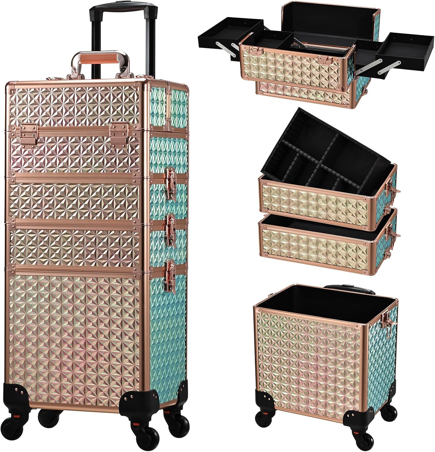 Stagiant Rolling Makeup Case Cosmetology Case on Wheels 4 in 1 Large Cosmetic Organizer Train Case Makeup Travel Case with Key Swivel Wheels Nail