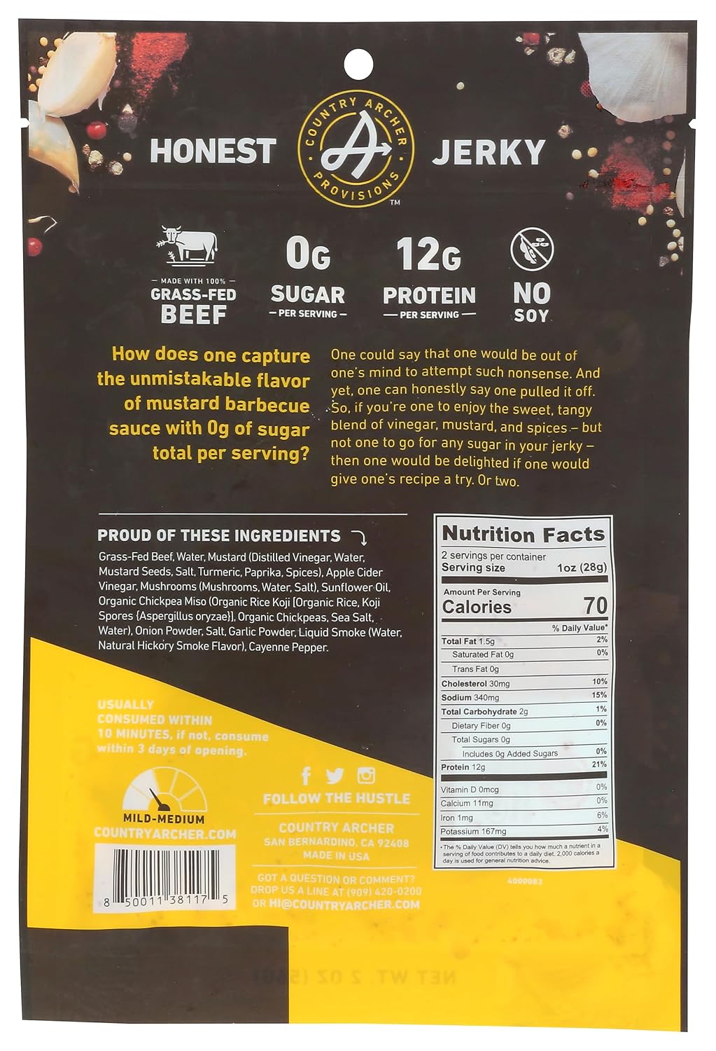 Archer Mustard BBQ Grass Fed Beef Jerky, 2 OZ