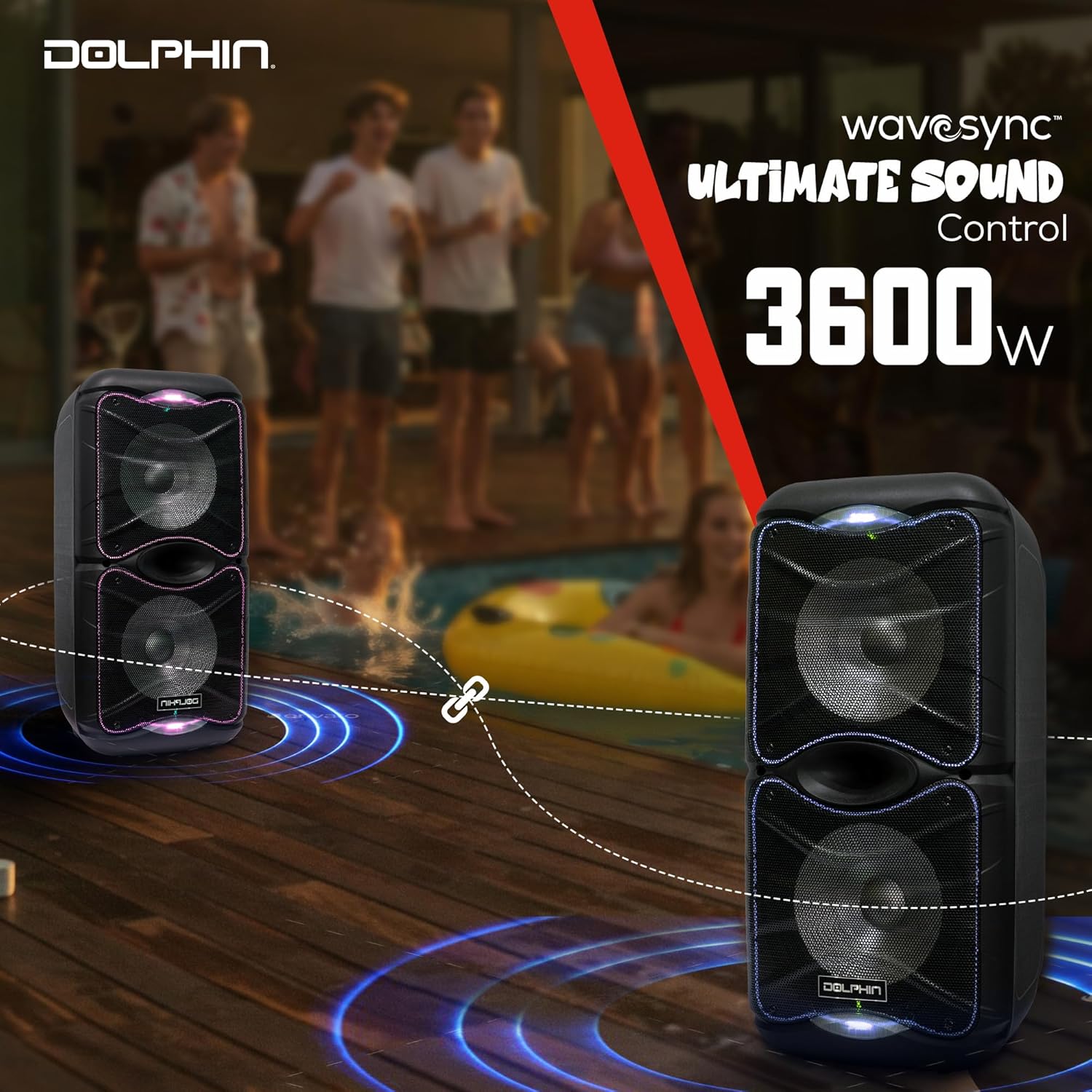 DolphinLarge Bluetooth Party Speaker, Dual 12" Woofers | 3600W Output, WaveSync Pairing, 5-Band EQ, USB, SD, TF, FM & AUX Inputs
