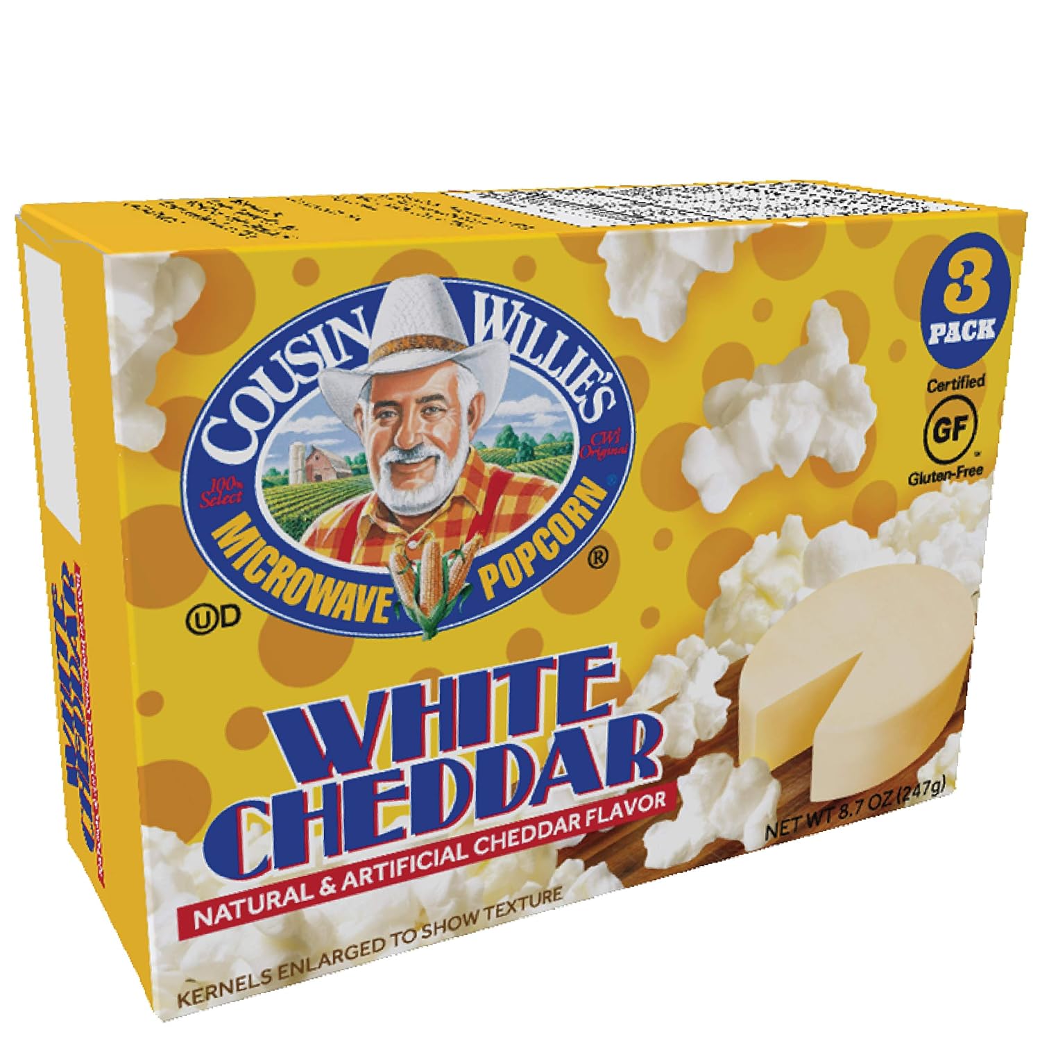 Cousin Willie's Simply Better White Cheddar Popcorn (3 Pack, 8.7oz) - Unbeatable Flavor - Cholesterol Free - Made in the USA