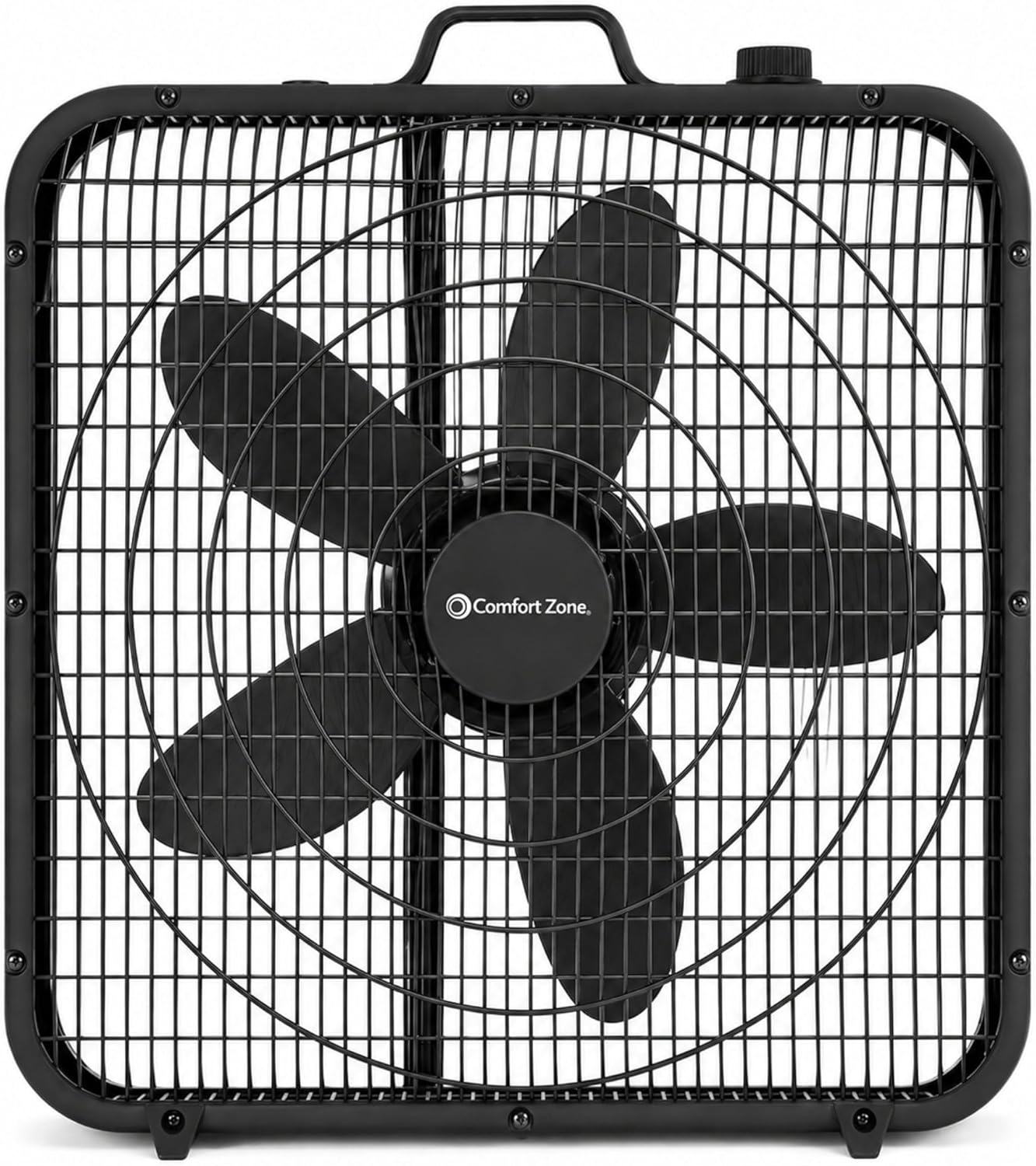 Comfort Zone Box Fan with Carry Handle, 20 inch, 3 Speed Full-Force Air Circulation Window Fan, Bedroom Floor Fan with 5 Blades, White Noise Cooling Fan, White