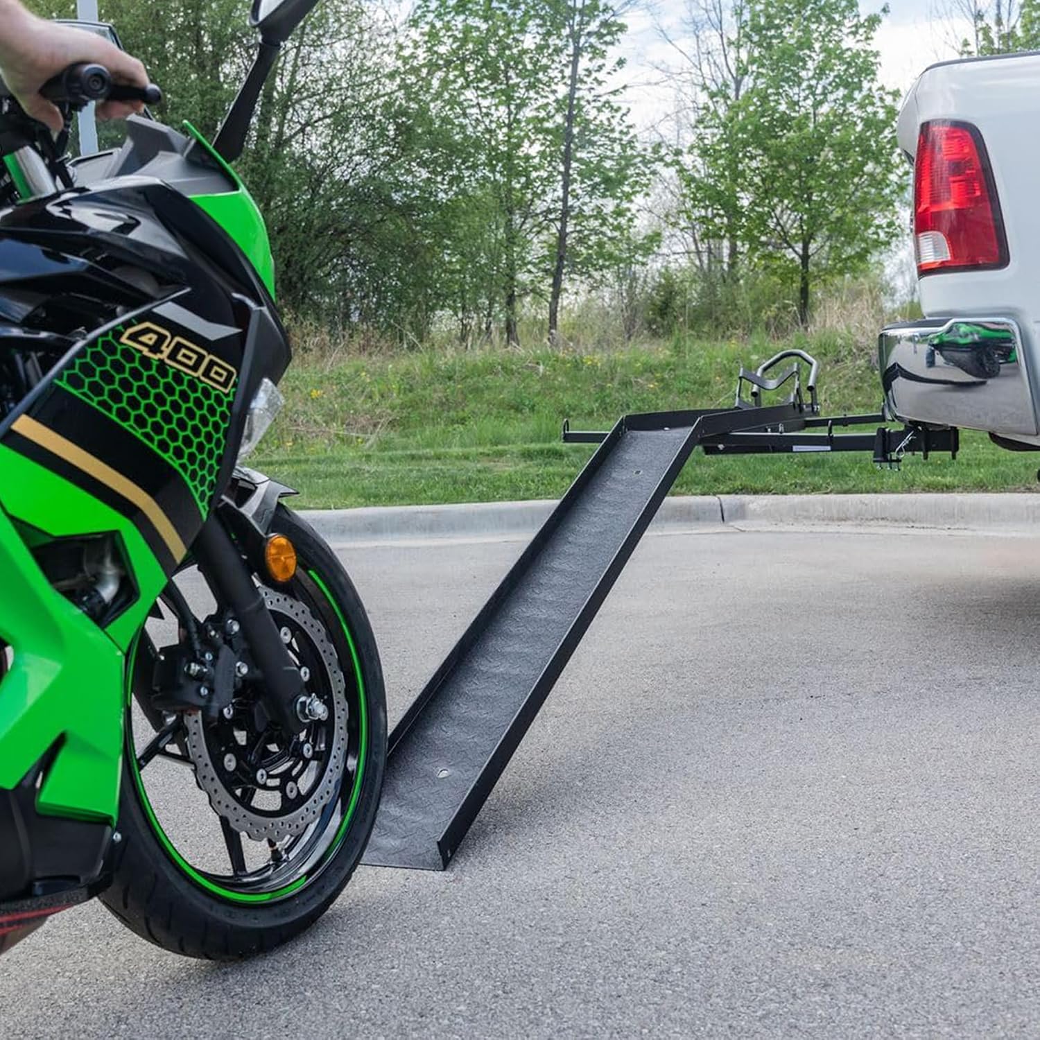 Black Widow Steel Motorcycle Carrier with Ramp for 2-Inch Receiver, 500 lb Capacity - Hitch-Mounted Dirt Bike and Scooter Hauler with Grit-Coated Track and Anti-Rattle Device for SUVs and Trucks