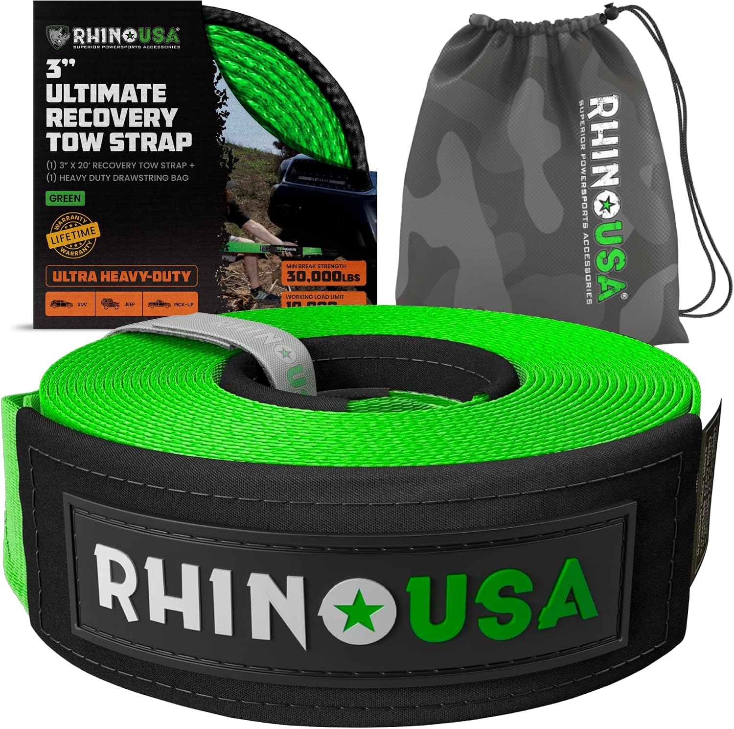 Rhino USA Recovery Tow Strap (3in x 30ft) - 31,518lb Heavy Duty Towing | 31,518lb Break Strength Emergency Tow Strap, Extended 30ft Length. For Truck, UTV, ATV & Jeep Offroad Recovery. Black