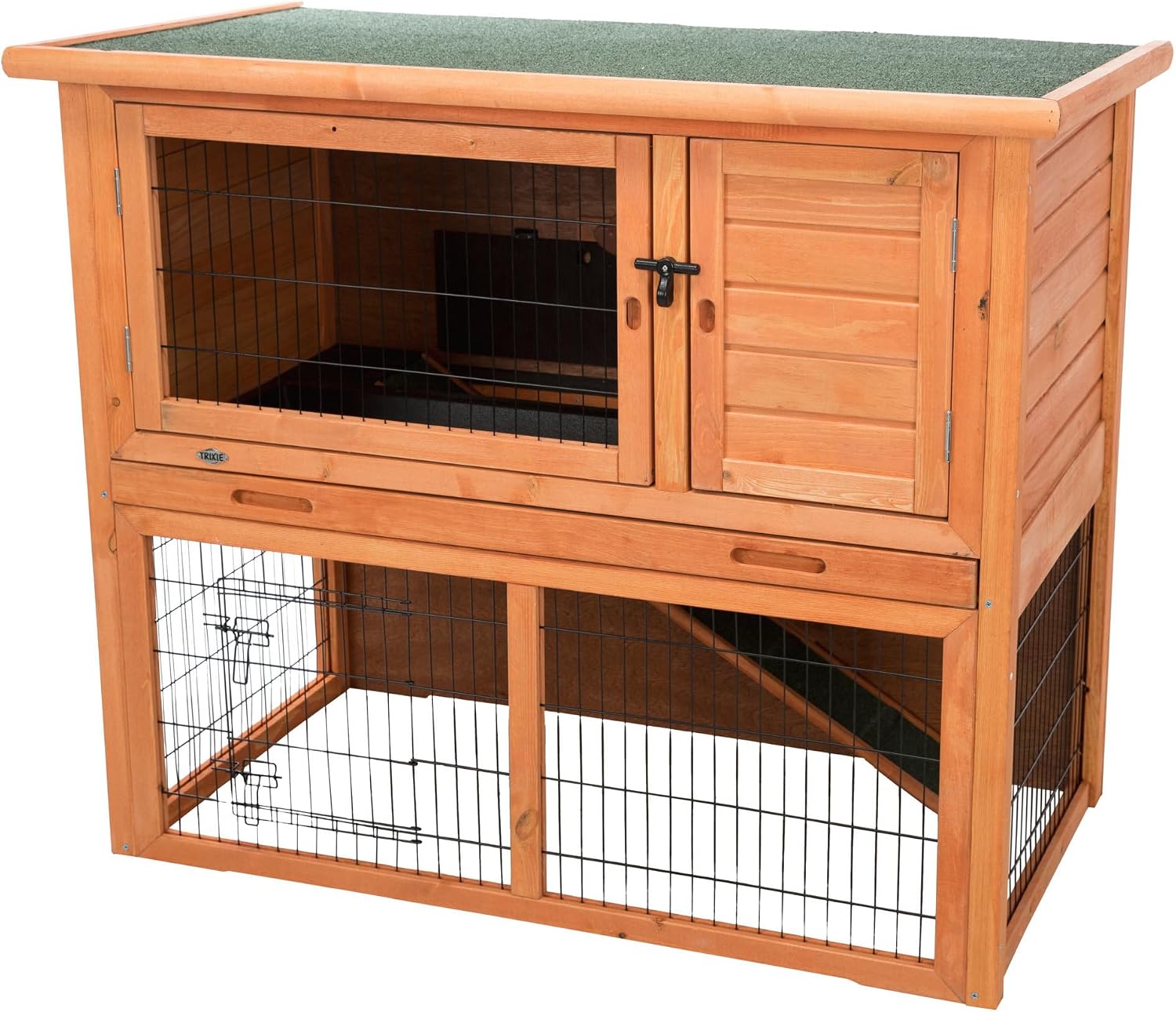 TRIXIE natura Outdoor Rabbit Hutch with Run - 2-Story Rabbit Cage with Non-Slip Ramp - Medium Elevated Small Animal House with Secure Playpen, Hinged Roof & Pull-Out Tray - in Brown