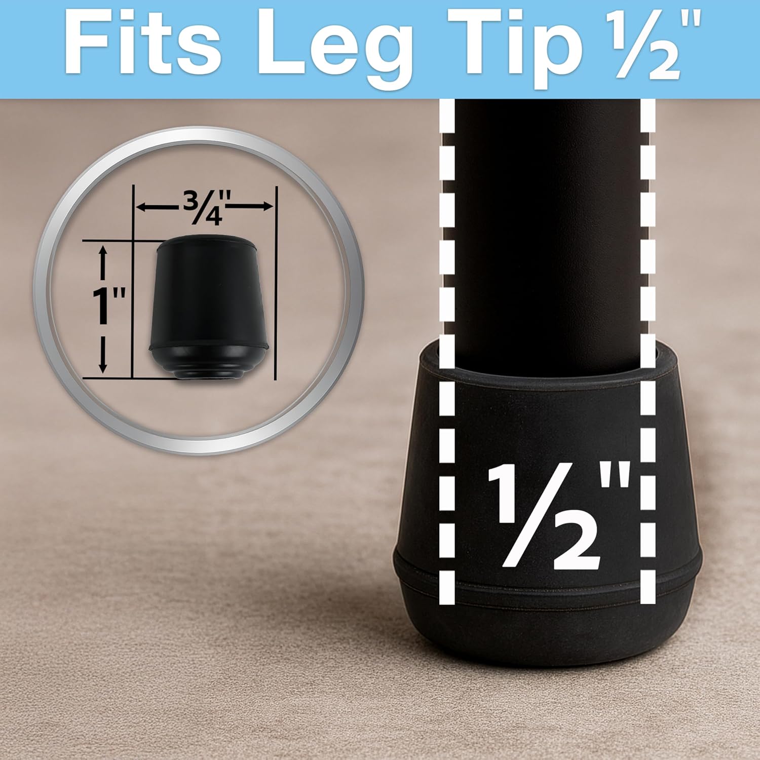 SoftTouch 7/8" Round Non-Marking Rubber Slip-On Chair Leg Tips, Nonslip Protective Furniture Leg Caps for Chairs, Stools, and Tables on Hard Surfaces, Set of 4, Black
