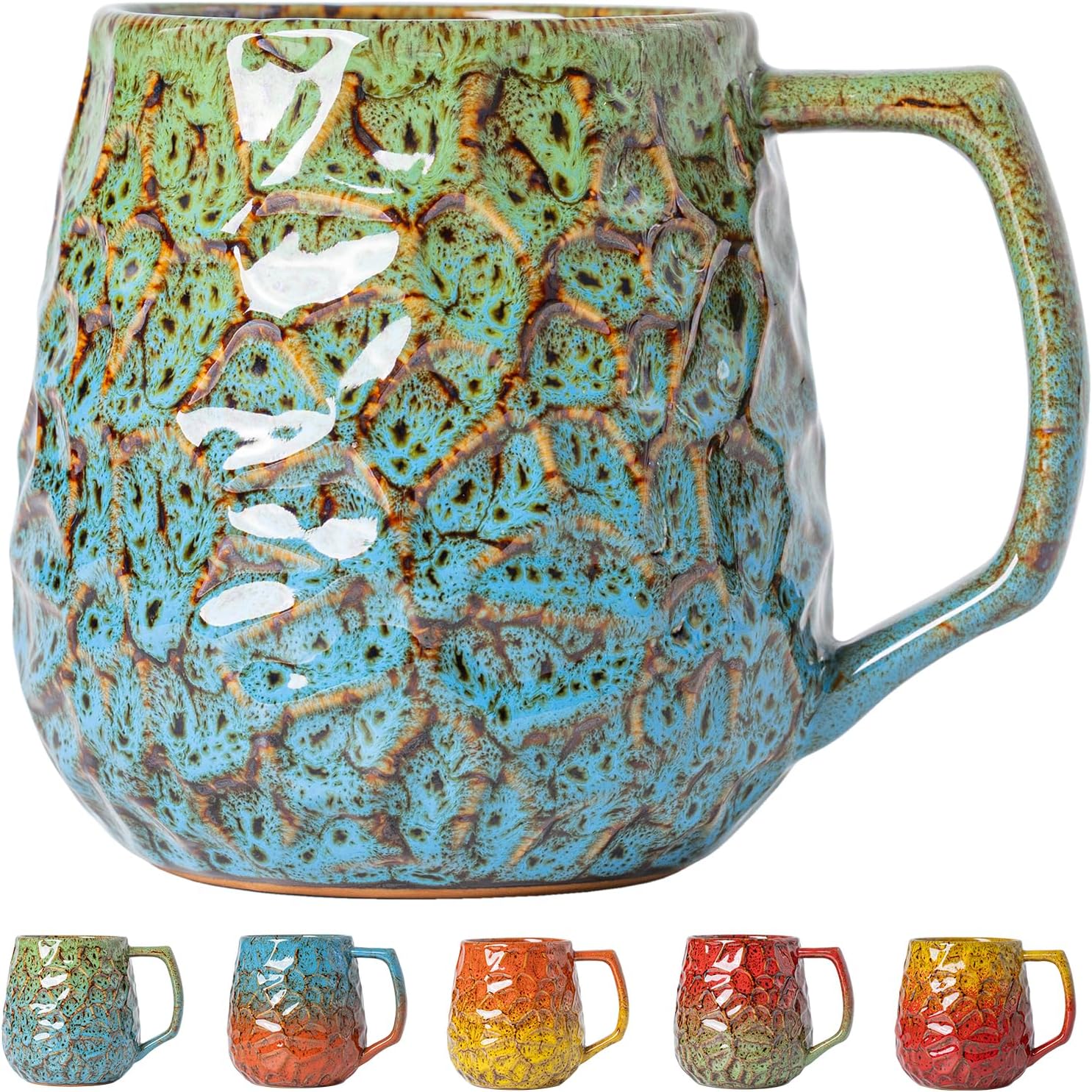 18oz Unique Kiln-Change Ceramic Coffee Mug, Handcrafted Hammered Texture Ceramic Mug with Ergonomic Handle, Microwave & Dishwasher Safe
