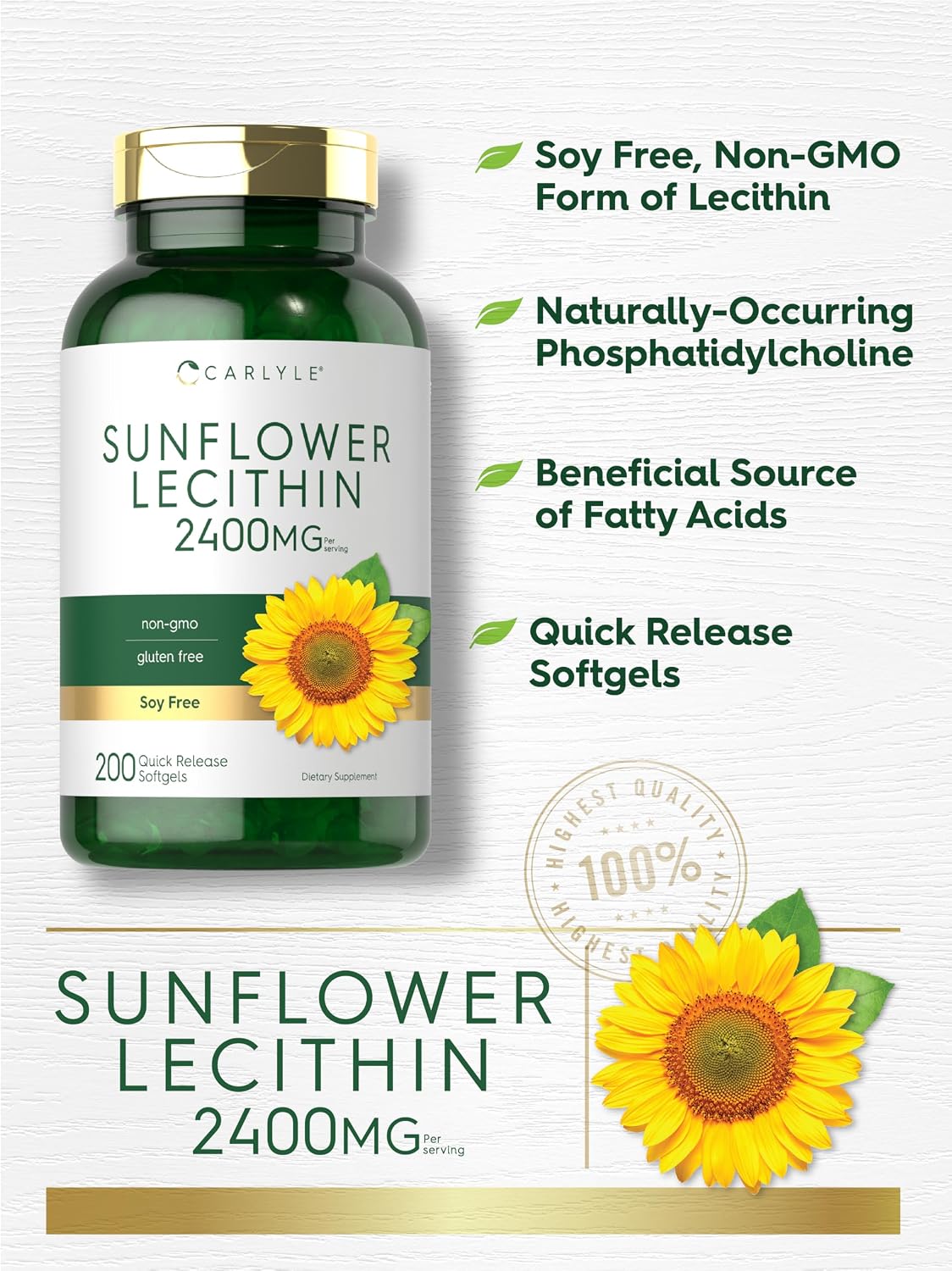 Carlyle Sunflower Lecithin Softgel Capsules | 2400mg | 200 Pills | Rich in Phosphatidyl Choline | Non-GMO, Soy Free, Gluten Free Supplement
