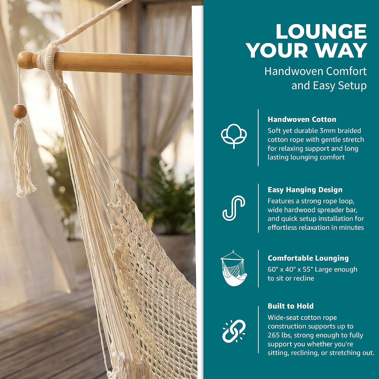 Bliss Hammocks BHC-412NT Island Rope Hammock Chair, Eco Friendly & Hand Woven, Varnish Coated 40 Inch Wood Spreader, Easy to Hang w/Included Hanging Kit, Supports up to 265 pounds, Natural Rope