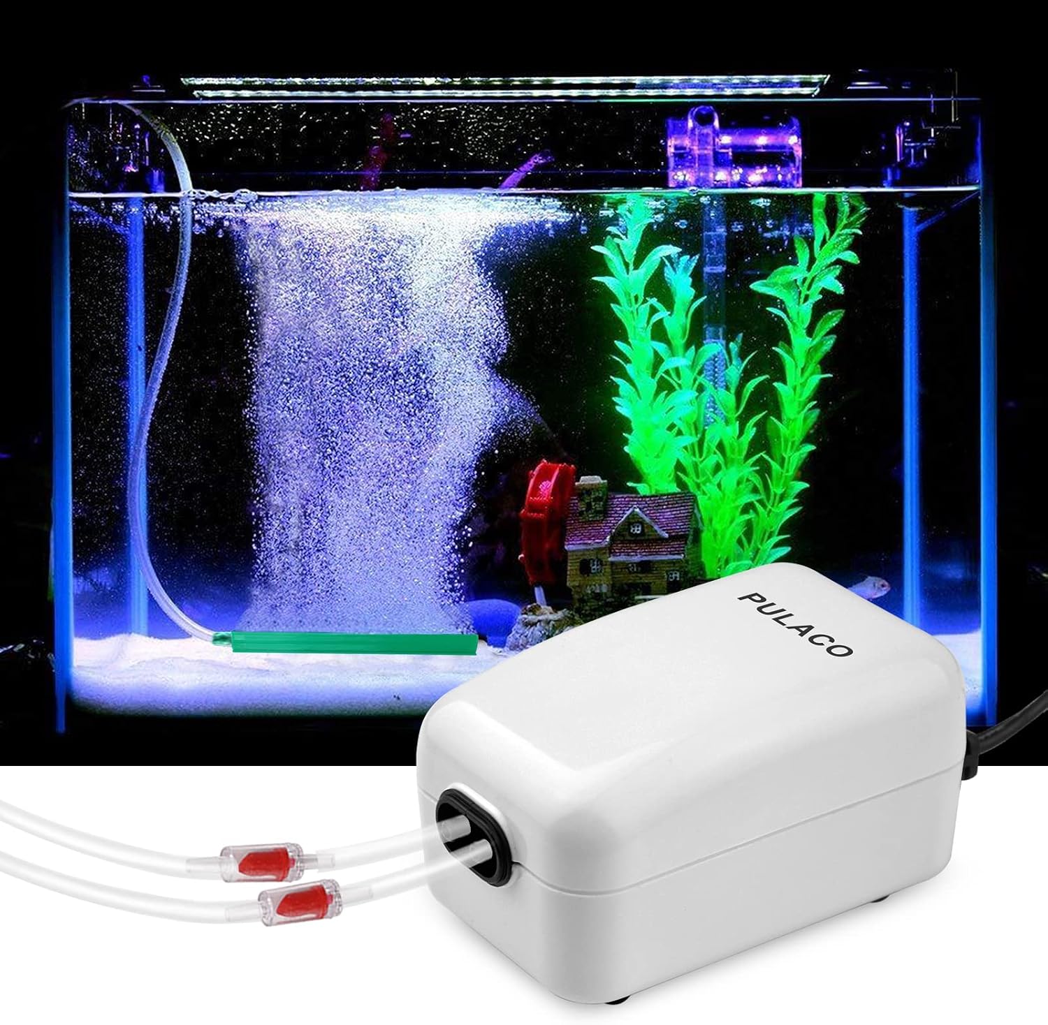 PULACO Dual Outlet Aquarium Air Pump, Quiet Oxygen Pump with Accessories for 10 to 100 Gallon