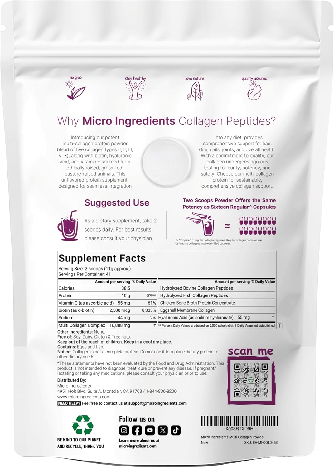 Micro Ingredients Multi Collagen Peptides Powder, 2lb (82 Servings) | Hydrolyzed Type I, II, III, V, X with Biotin, Hyaluronic Acid & Vitamin C. Unflavored Collagen for Women & Men, Easy Dissolve