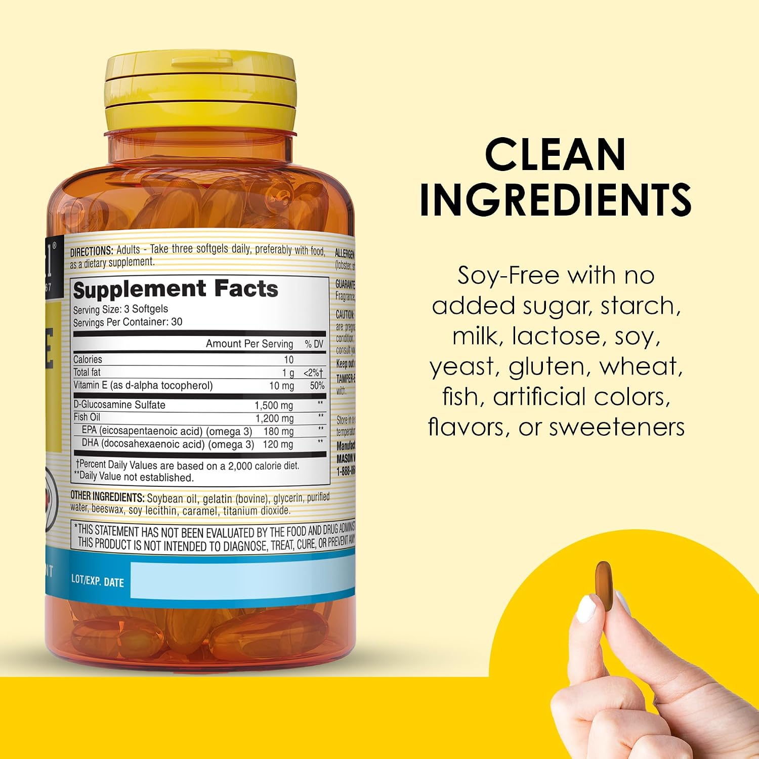 MASON NATURAL Glucosamine & Fish Oil with DHA & Omega-3, 30 Day Supply | 1, 500mg glucosamine plus 1