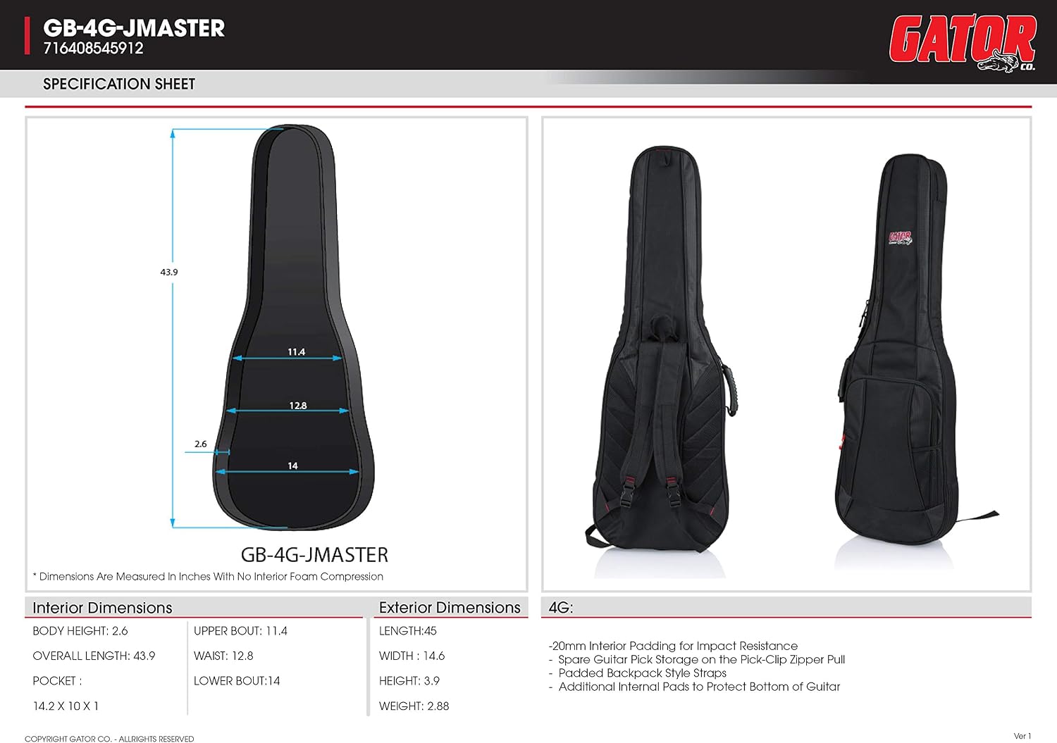 Gator Cases 4G-MiZone Series Gig Bag For Electric Guitars with Adjustable Backpack Straps, Fits Jazzmaster Style Guitars (GB-4G-JMASTER)