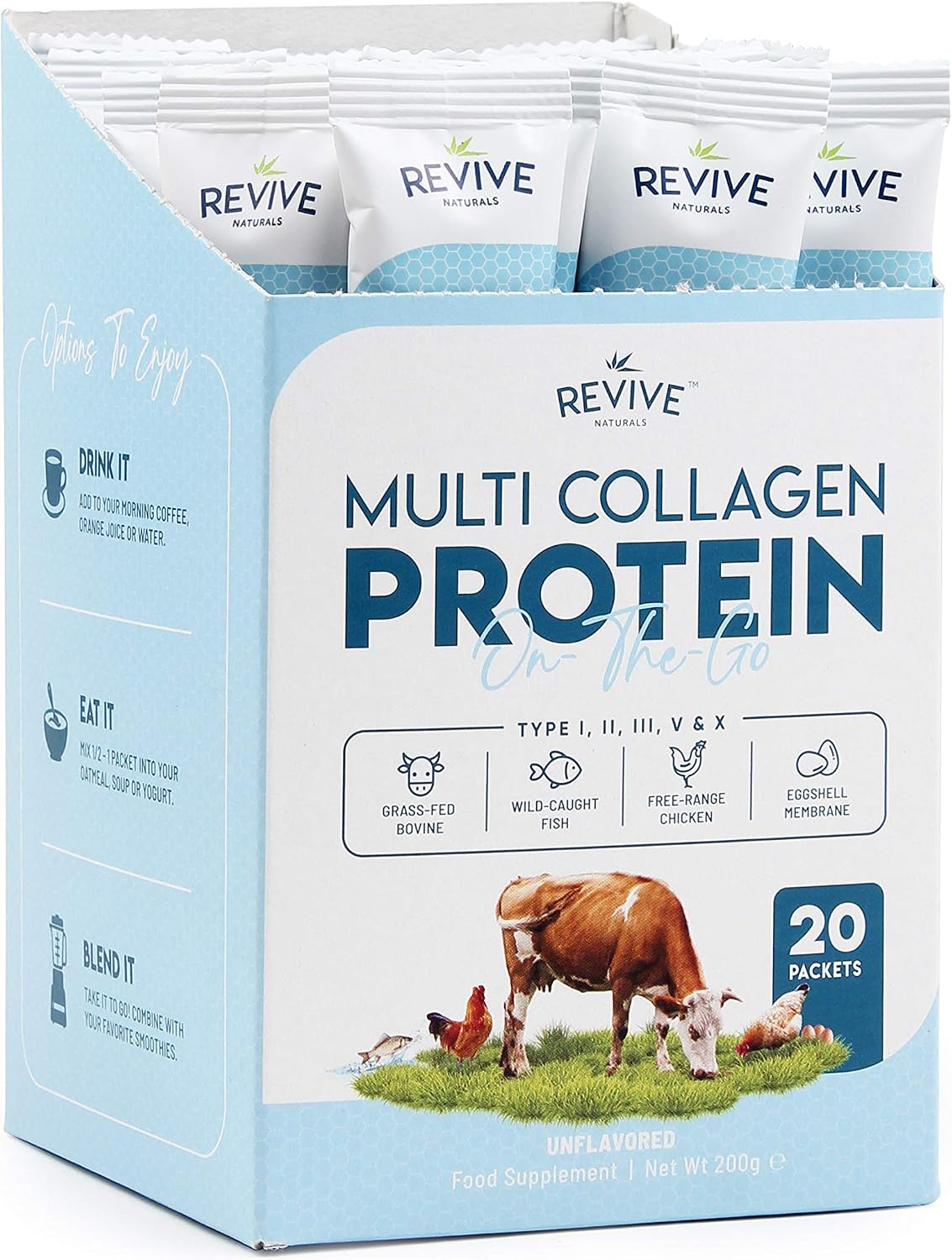Revive Naturals Multi Collagen Hydrolyzed Protein Powder (16oz) - Types I, II, III, V & X - Grass Fed Bovine, Wild Caught Marine, Free Roaming Chicken & Eggshell Collagen Peptides,