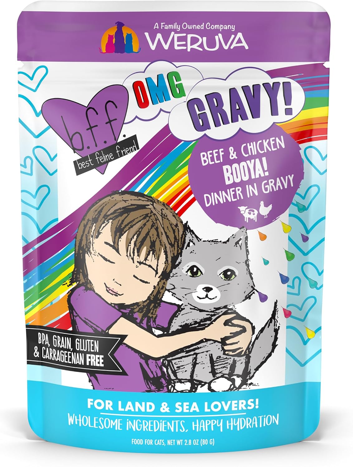 Weruva B.F.F. OMG - Best Feline Friend Oh My Gravy!, Tuna & Salmon Sweet Cheeks with Tuna & Salmon in Gravy Cat Food, 3oz Pouch (Pack of 12)