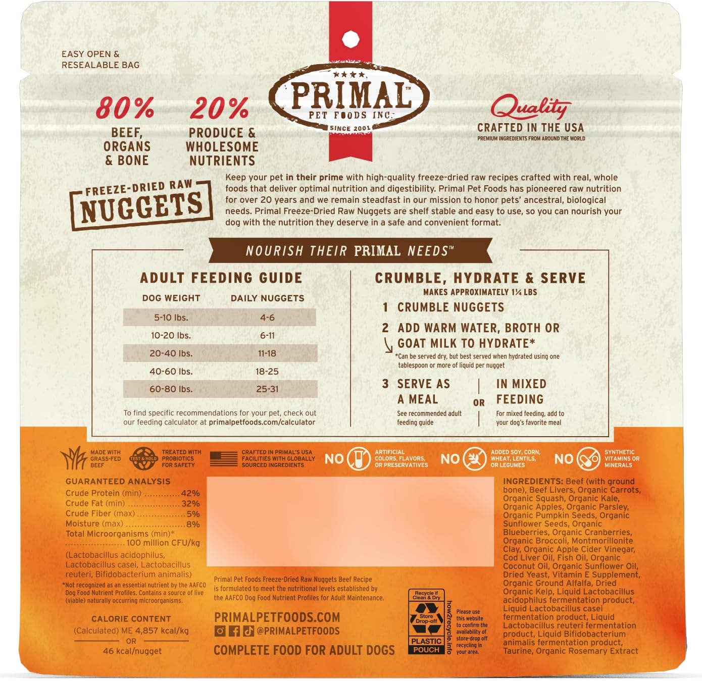 Primal Freeze Dried Raw Dog Food Nuggets, Beef, 14 oz | Complete & Balanced Nutrition, Meal, Topper or Treat, Grain-Free, High Protein, No Synthetic Vitamins & Minerals