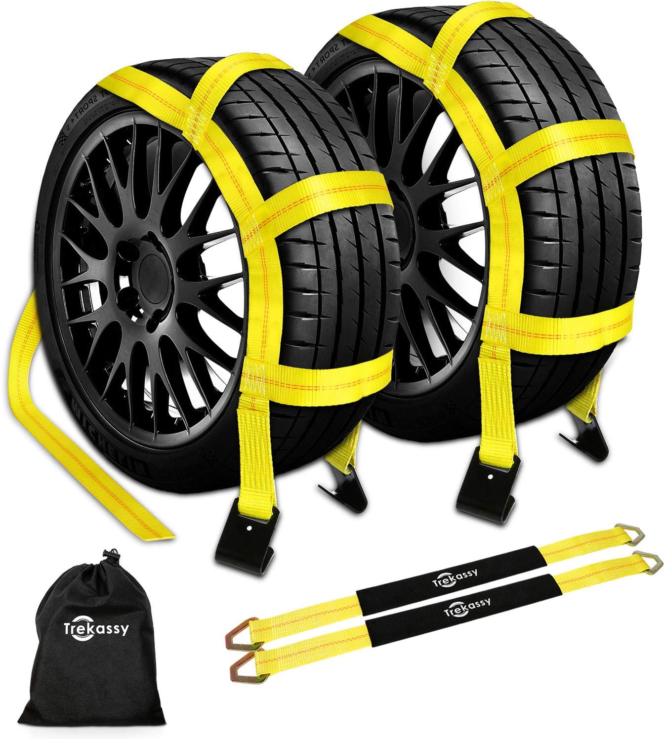 Trekassy Tow Dolly Straps for Car with Flat Hooks-2 Pack, Heavy Duty Car Tire Bonnet Net Fits 14"-17" Tires, 10, 000 lbs Break Strength