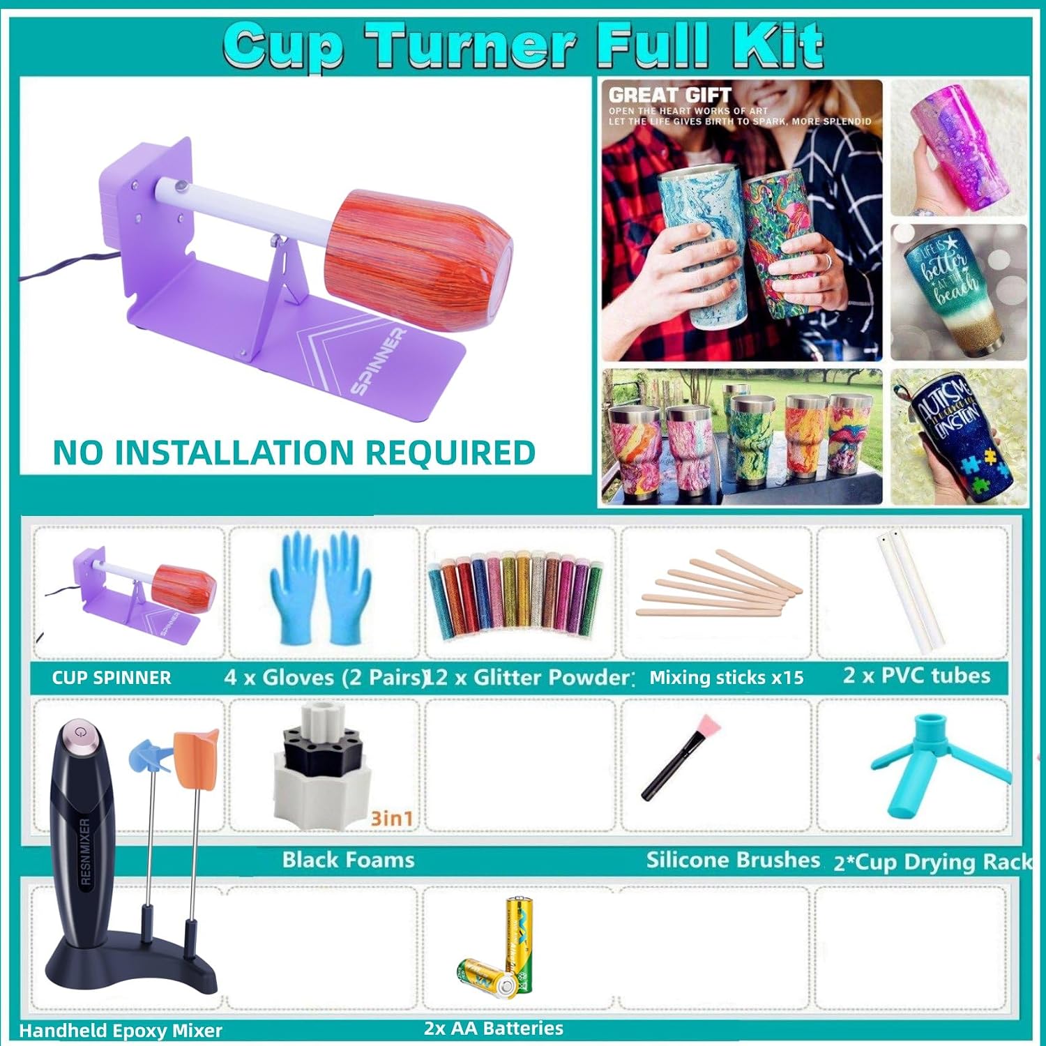 HXH Cup Turner for Crafts Tumbler,Tumbler Cup Spinner,Glitter Powder,Epoxy Resin kit for Tumblers for Beginners with Foam
