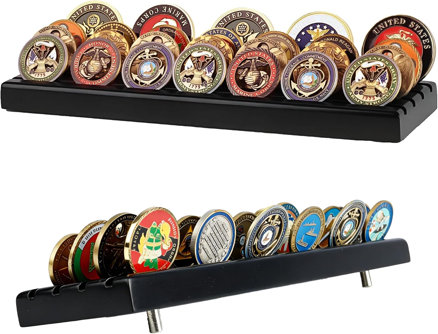 DisplayGifts Challenge Coin Display Stand 4 Row Wooden Holder Rack Case Holds 28 Coins Walnut Finish