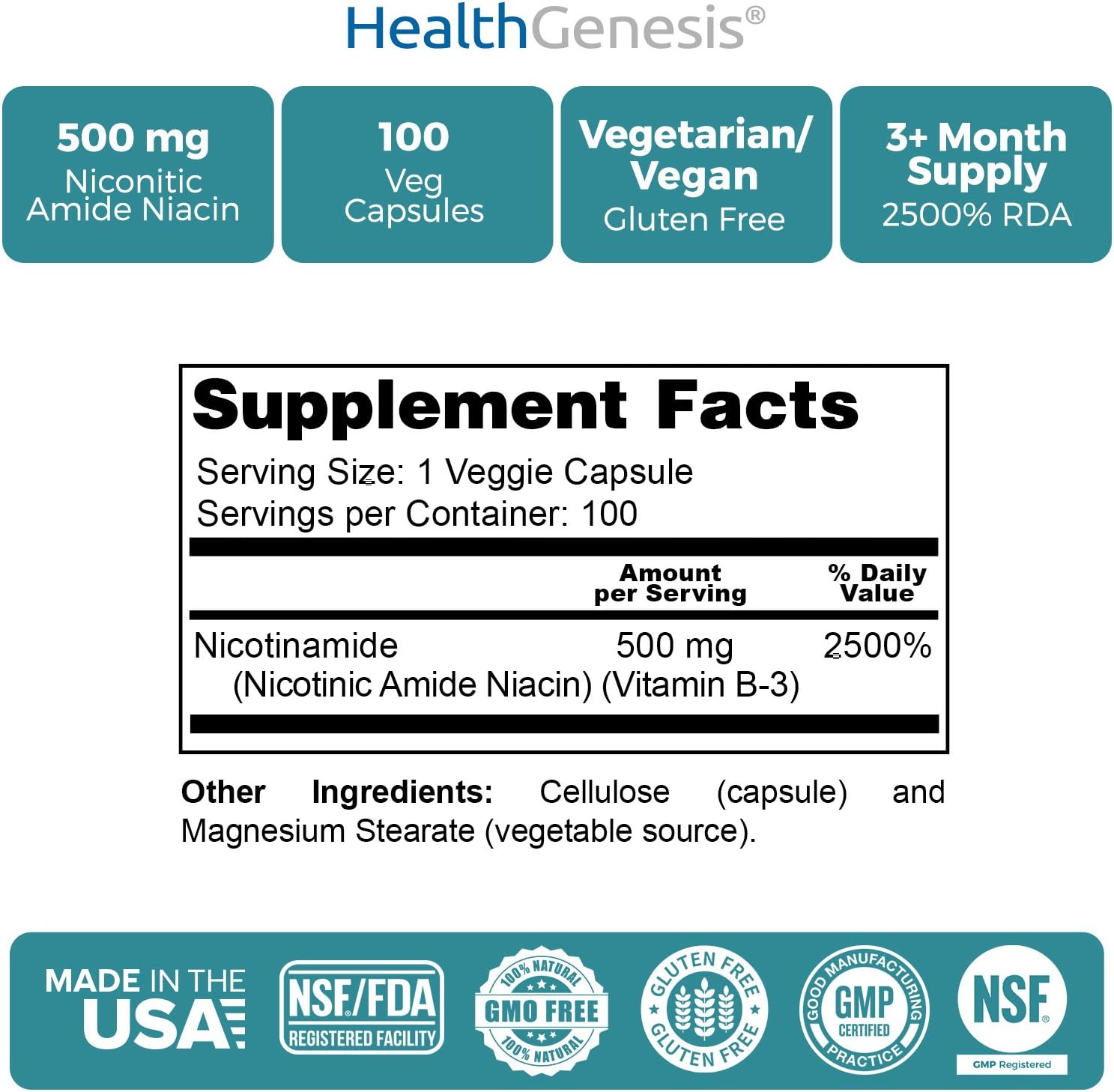 B-3 Nicotinamide 500 mg 100 Vcaps - Nicotinic Amide Niacin Natural Flush-Free Vitamin Formula - Supports Skin Cell Health