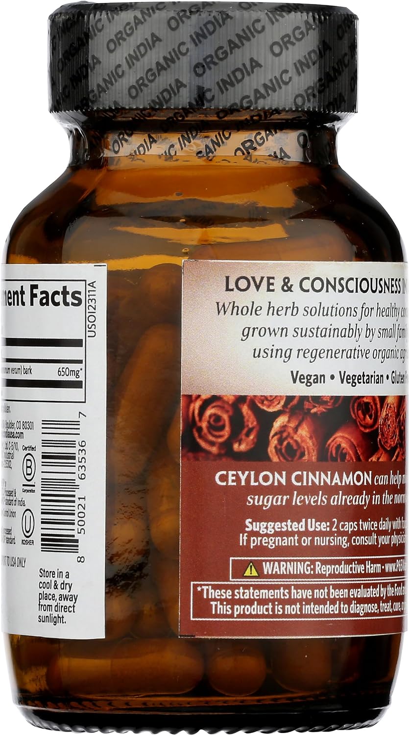 ORGANIC INDIA Ceylon Cinnamon Supplement - Organic Ceylon Cinnamon Capsules, Cinnamon Pills Herbal Supplement, Support Digestion, Source of Antioxidants, USDA Organic, Vegan, Gluten-Free - 90 Capsules