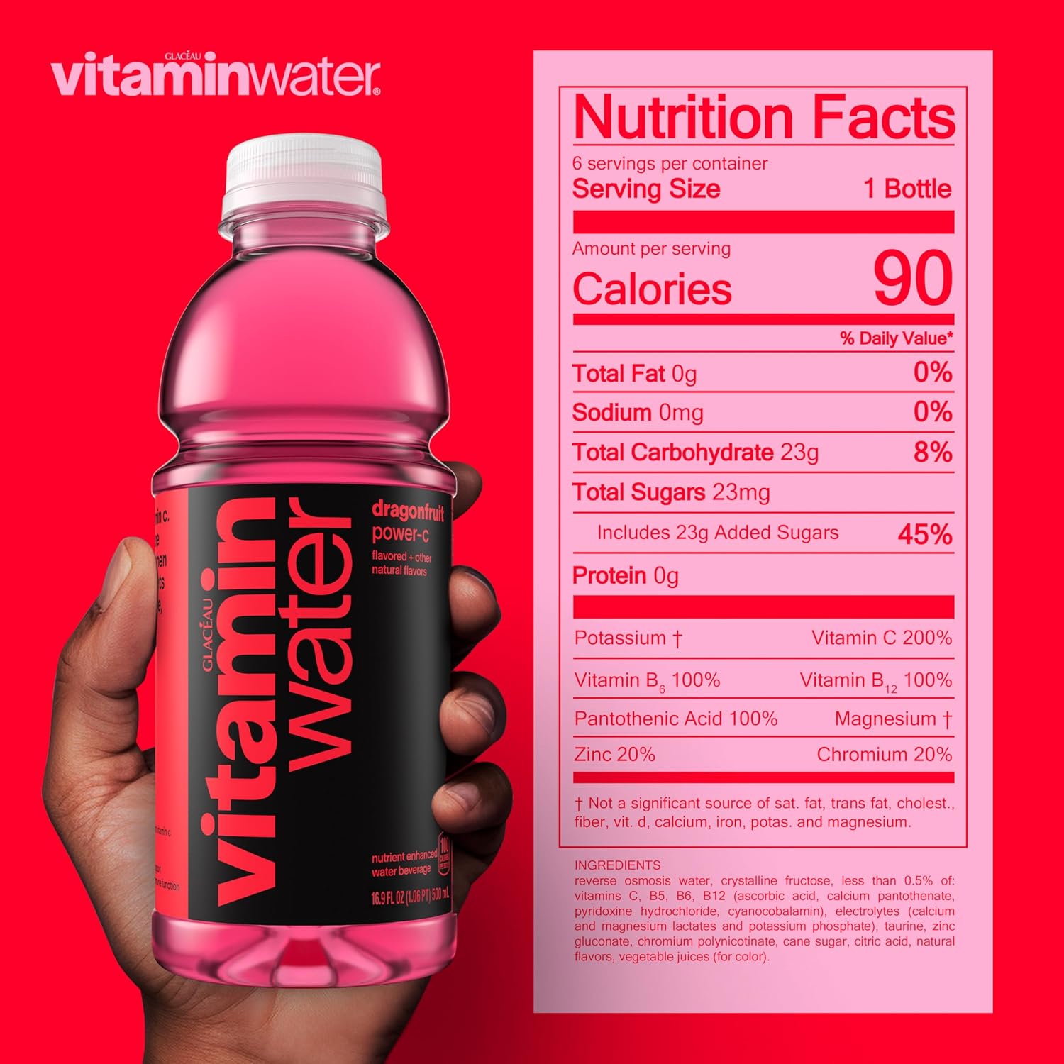 vitaminwater Power-C Dragonfruit Water Beverage, 16.9 fl oz, 6 pack | Bottled, nutrient-enhanced flavored water drink with 90 calories per bottle, antioxidants, and vitamins