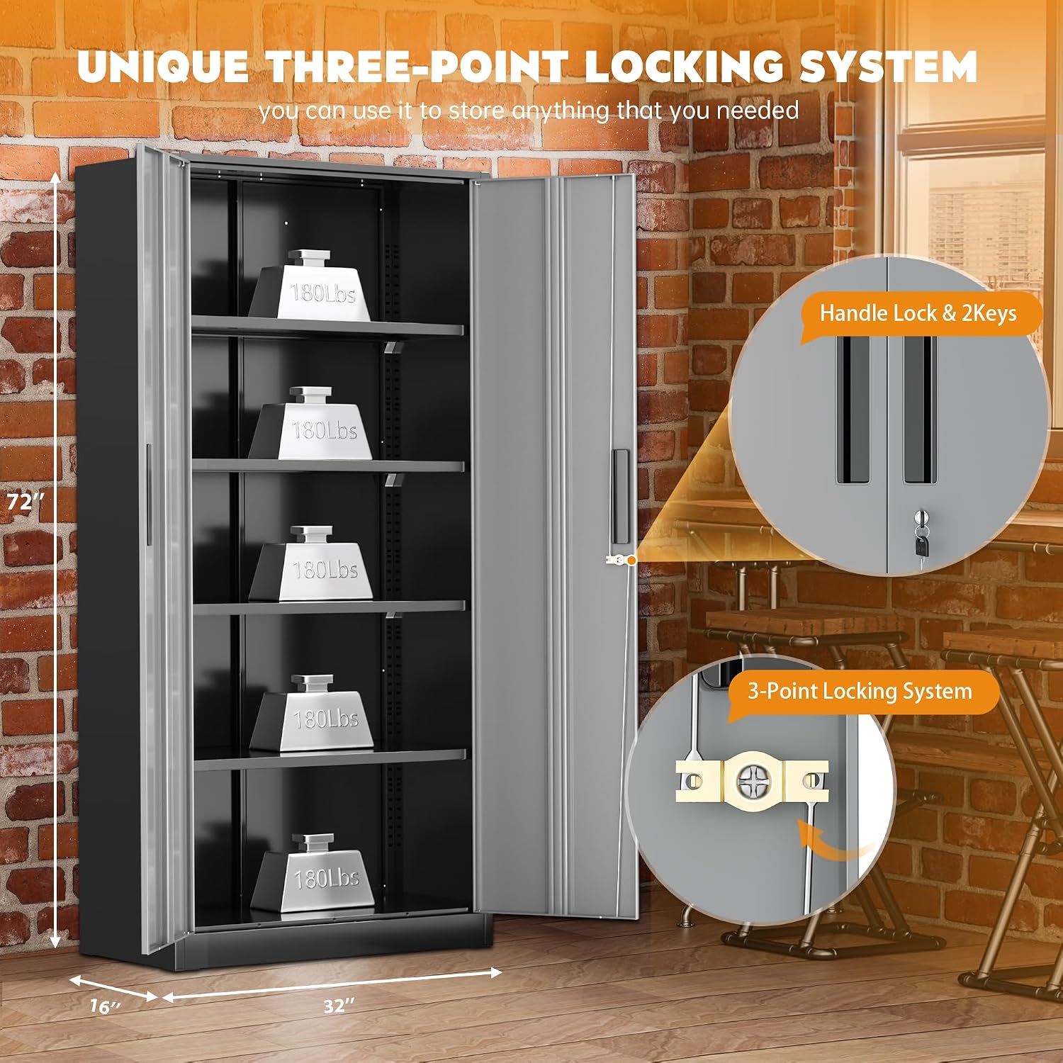 Greenvelly Steel SnapIt Storage Cabinet, 72" Locking Metal Garage Storage Cabinet with 4 Adjustable Shelves, 2 Doors and Lock for File, Office, Garage