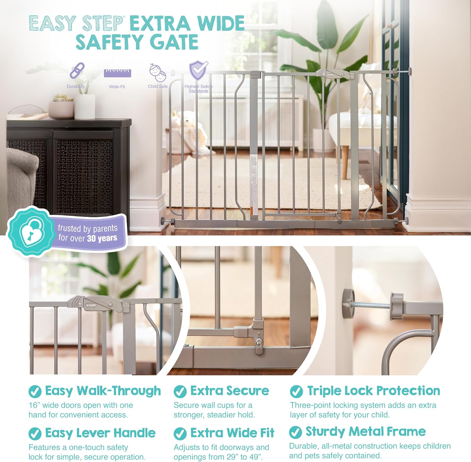 Regalo Safety 29"-49" Extra Wide Baby Gate, Bottom of Stairs & Doorways | Pressure Mounted with Door, For Babies, Toddlers & Pets, White, Tested & Trusted for 30 Years