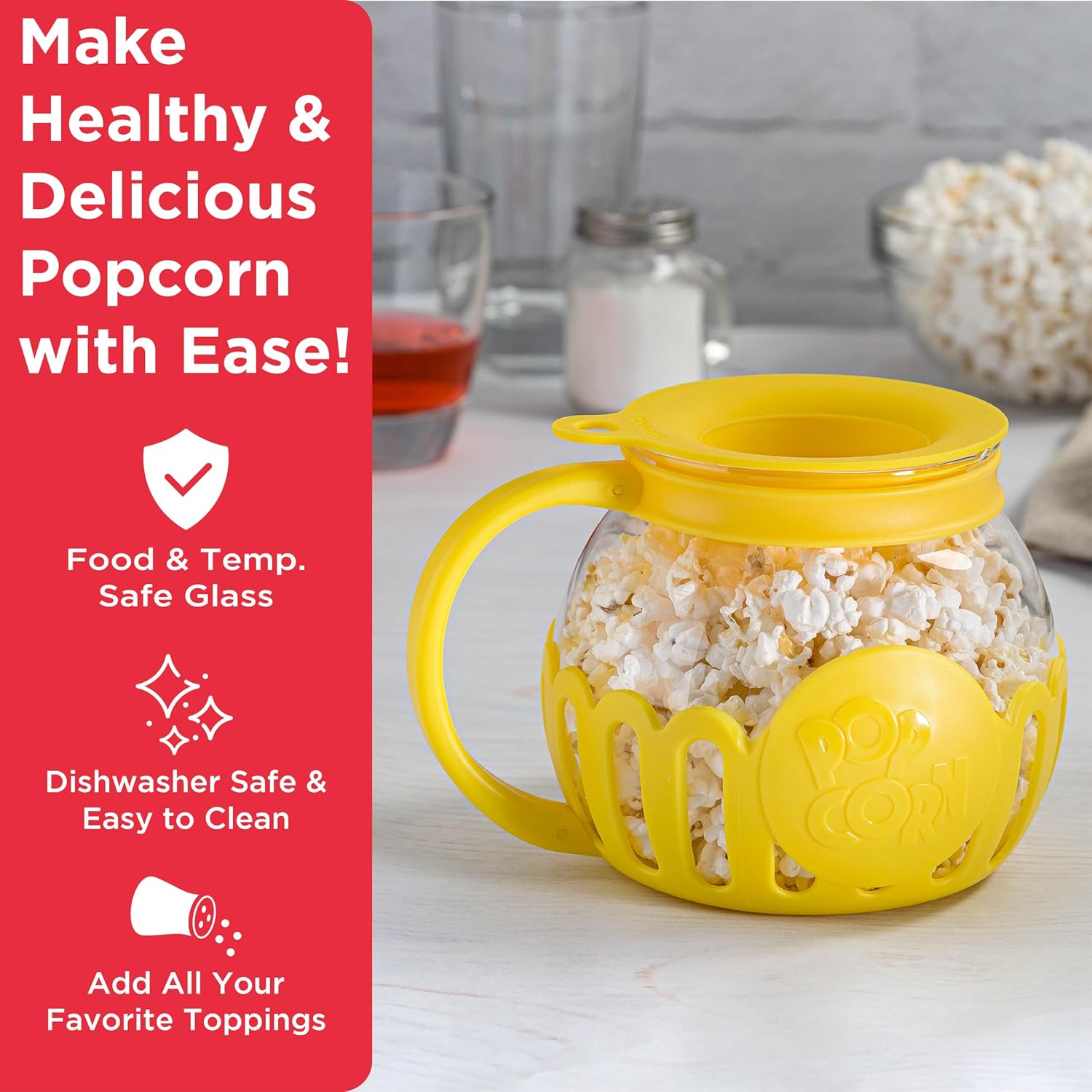 Ecolution Patented Micro-Pop Microwave Popcorn Popper with Temperature Safe Glass, 3-in-1 Lid Measures Kernels and Melts Butter, Made Without BPA, Dishwasher Safe, 3-Quart, Red