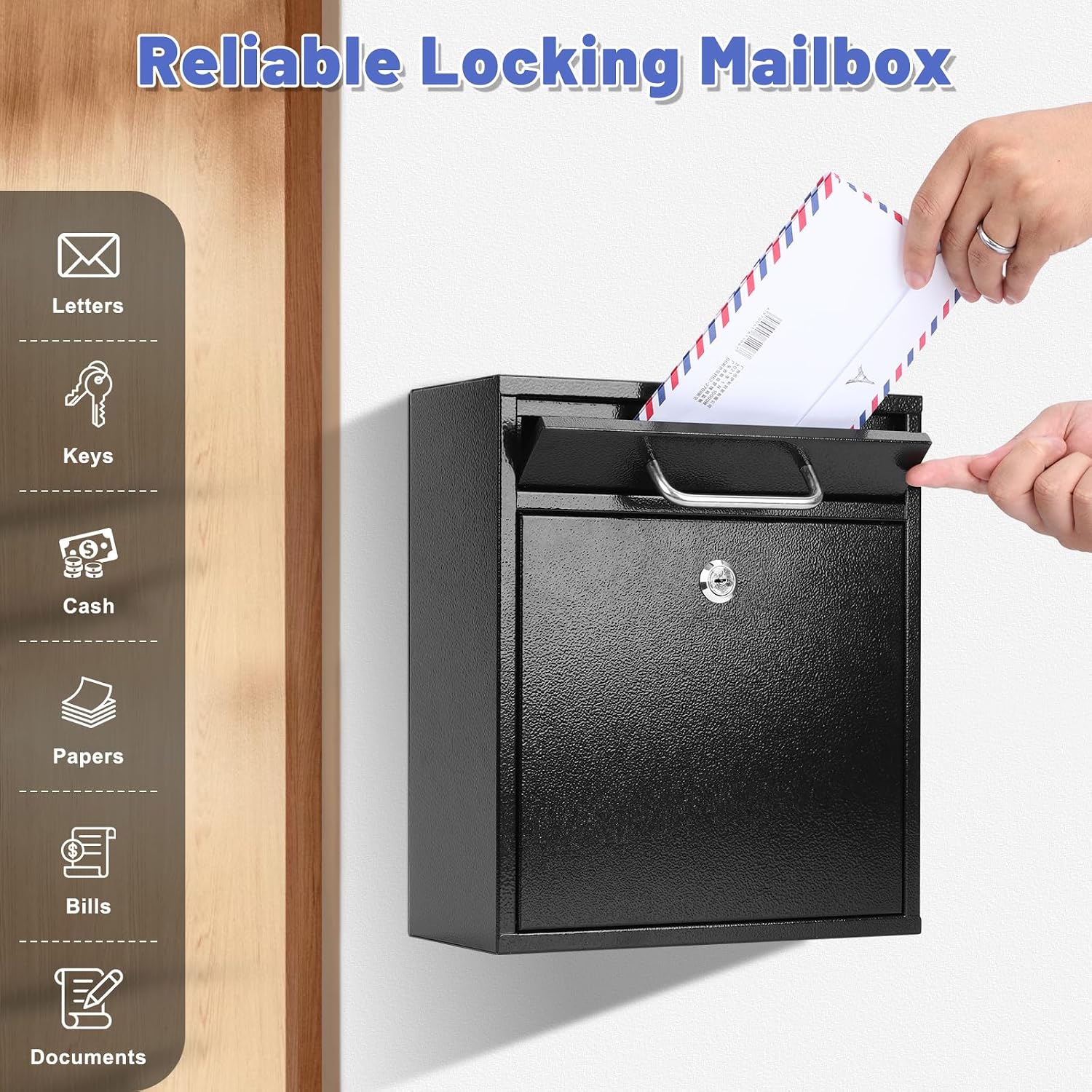 KYODOLED Steel Key Lock Mail Boxes Outdoor, Locking Wall Mount Mailbox, Security Lock Drop Box, Collection Boxes for Home, Office or Commercial,16.2H x 11.2L x 4.6W Inches, Black X Large