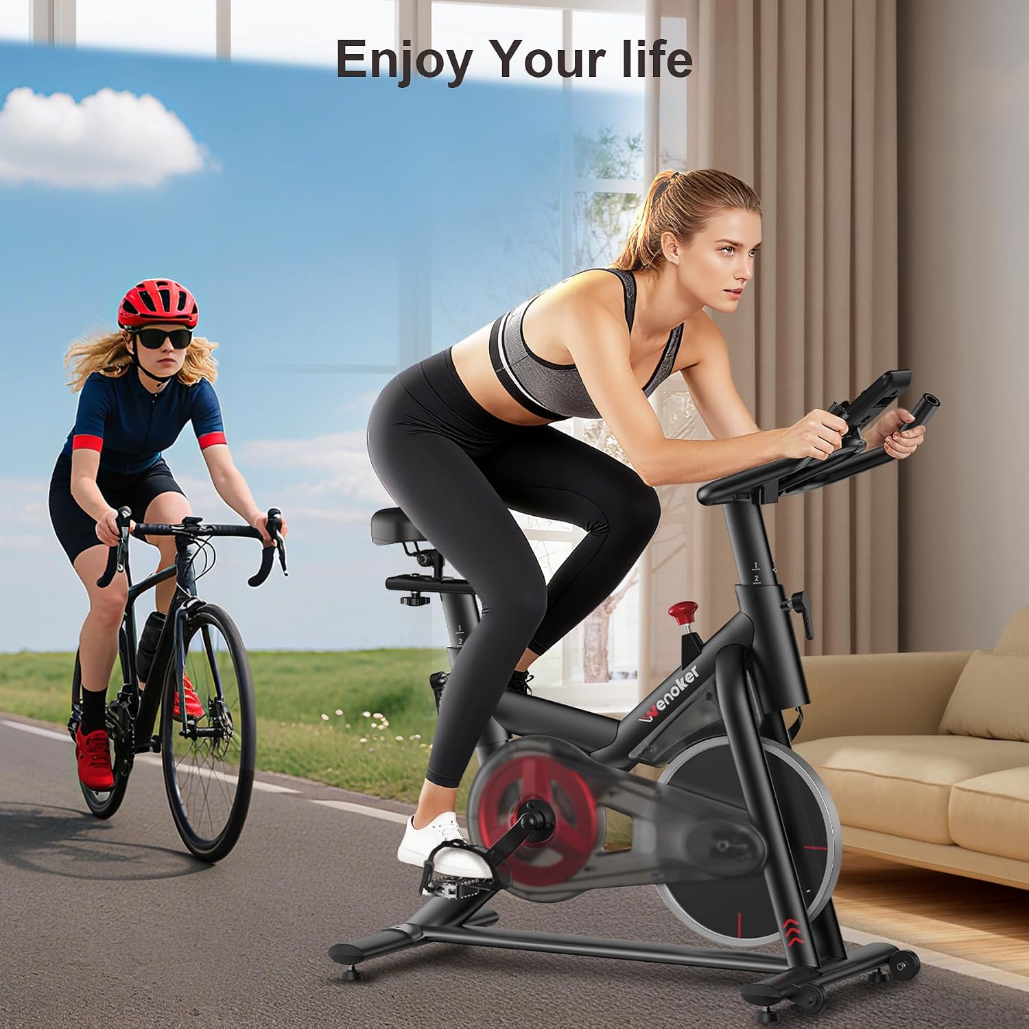 Wenoker Exercise Bike for Home, Magnetic Stationary Bike with App Sync, Indoor Cycling Bike with Adjustable Seat & Handlebar, Quiet Belt Drive, LCD Monitor, Tablet Holder & Transport Wheels for Cardio Workout